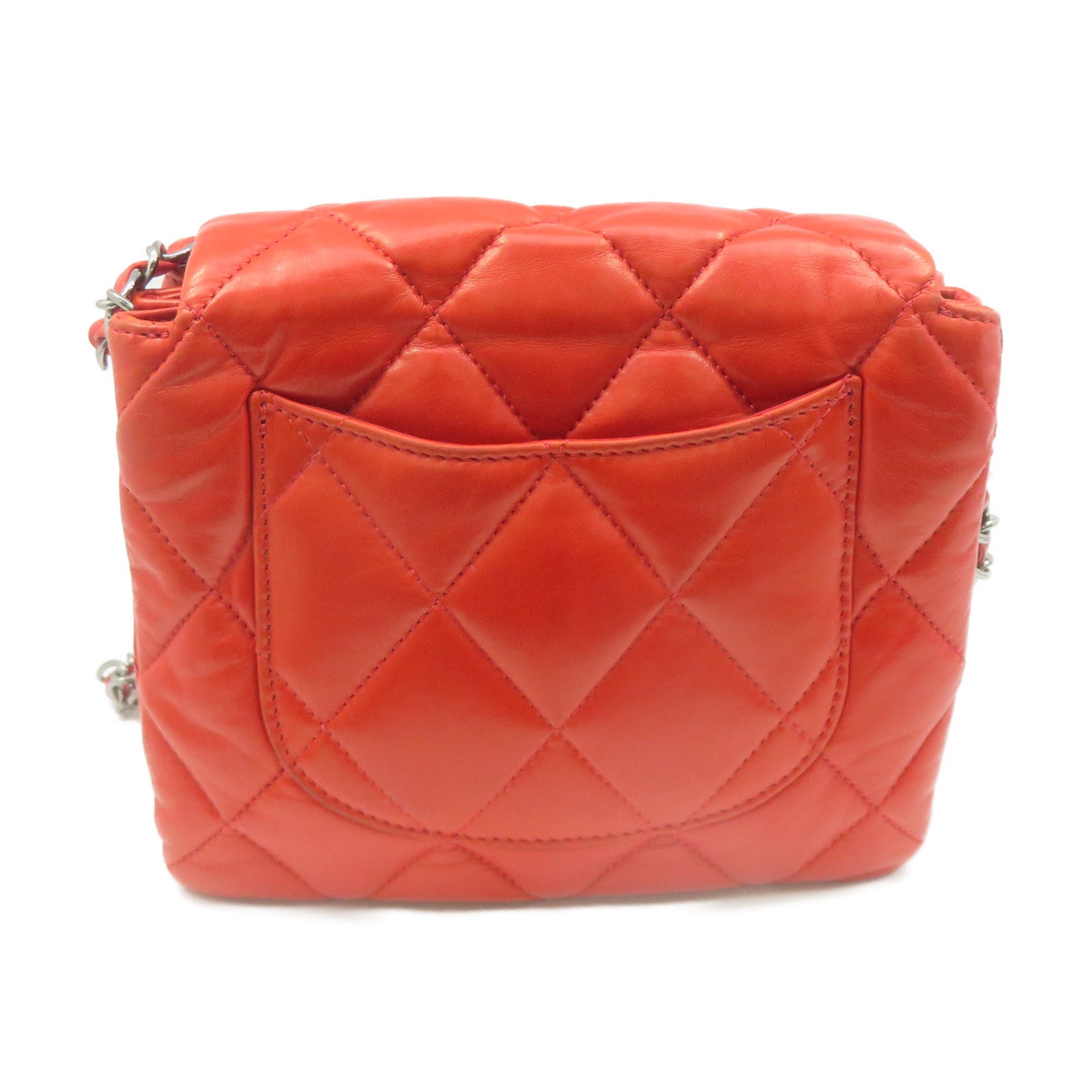 CHANEL 菱格羊皮皮革Mini Square Chain Shoulder Bag银扣链带肩背袋橙红色