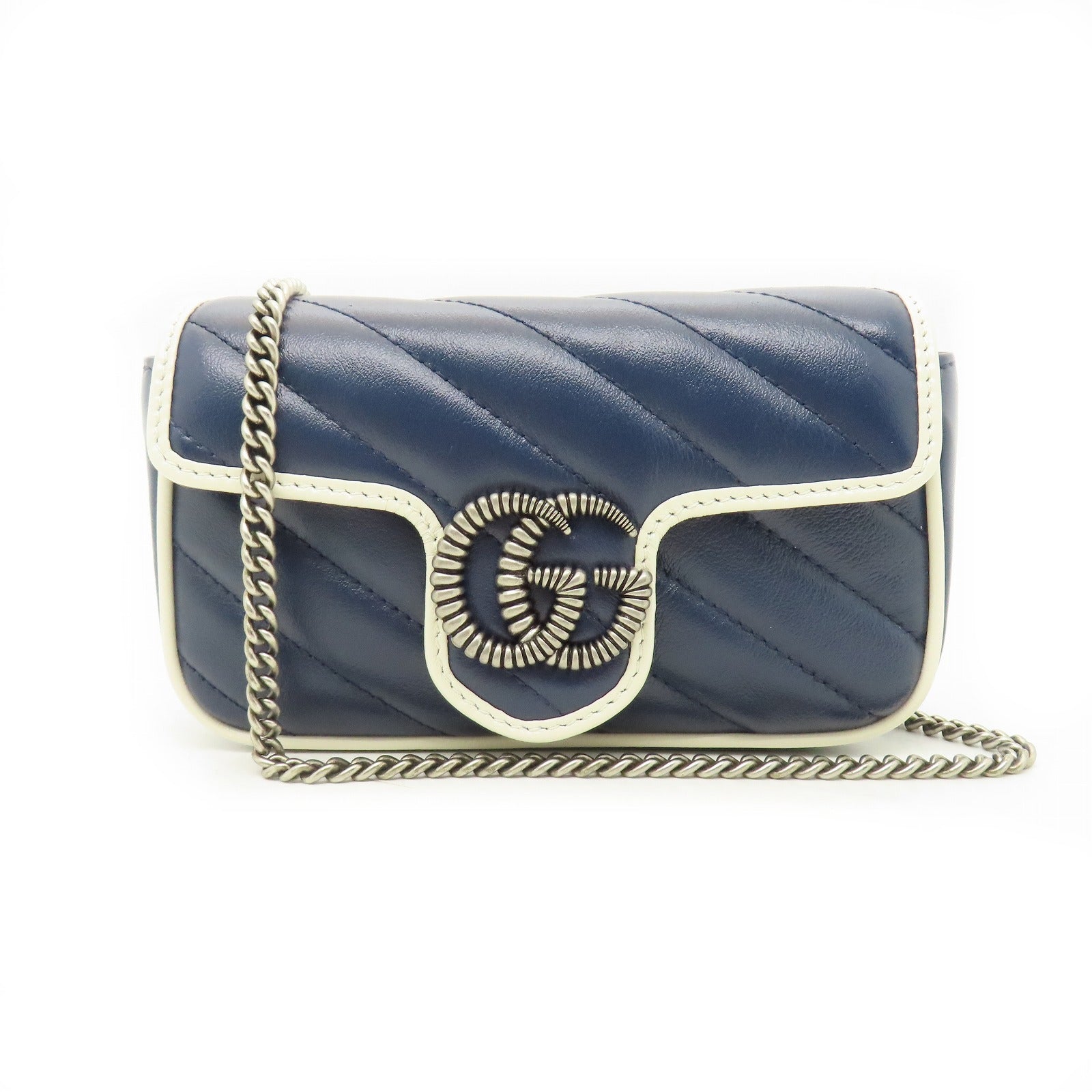 GUCCI 牛皮皮革Mini Chain Bag銀扣鏈帶肩背袋藍色/白色