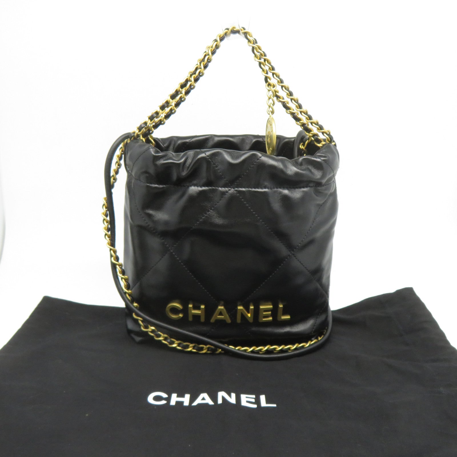 CHANEL 菱格牛皮皮革2 Way Chain Shoulder金扣鏈帶手挽肩背兩用袋黑色