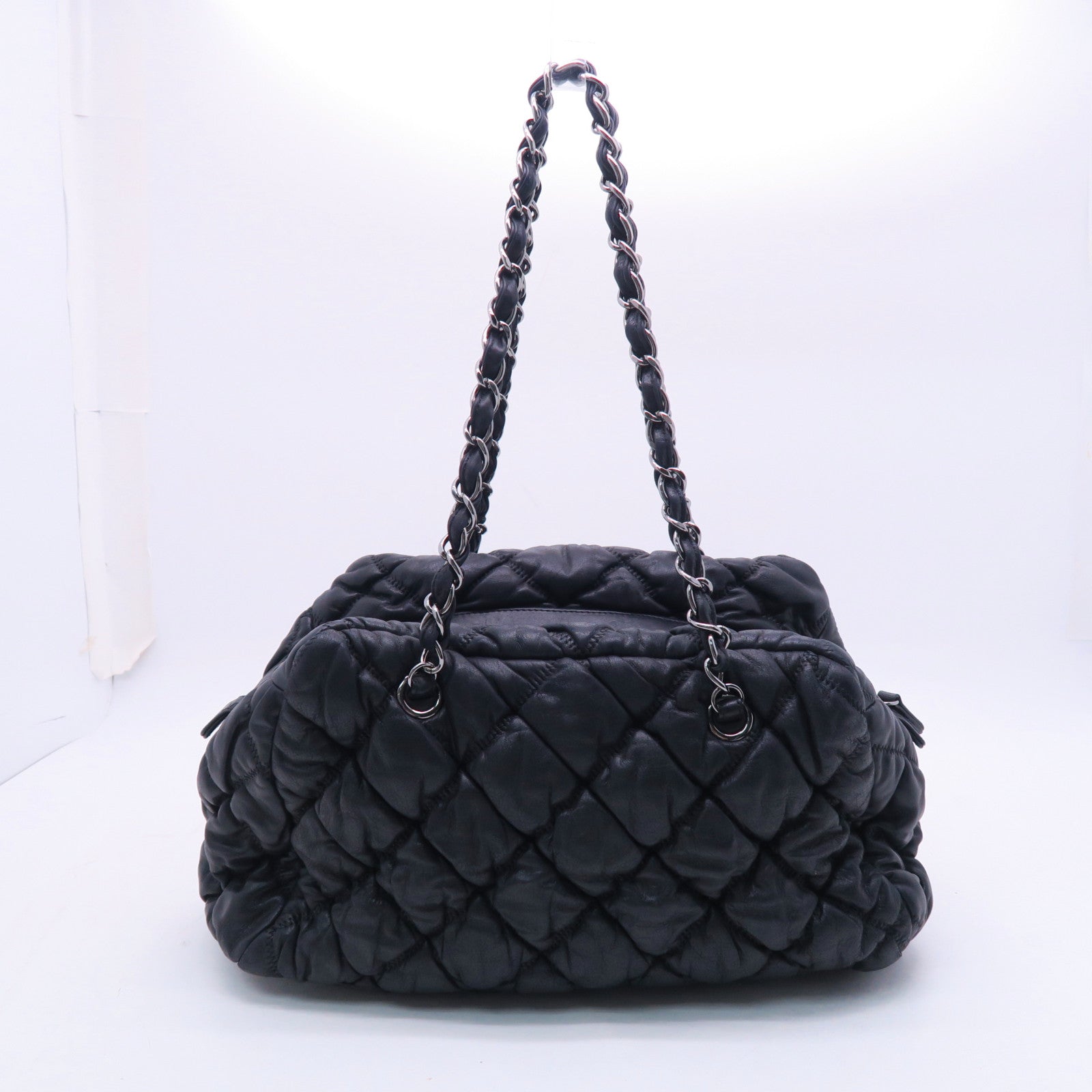 CHANEL 菱格牛皮皮革Chain Shoulder银扣肩背袋黑色