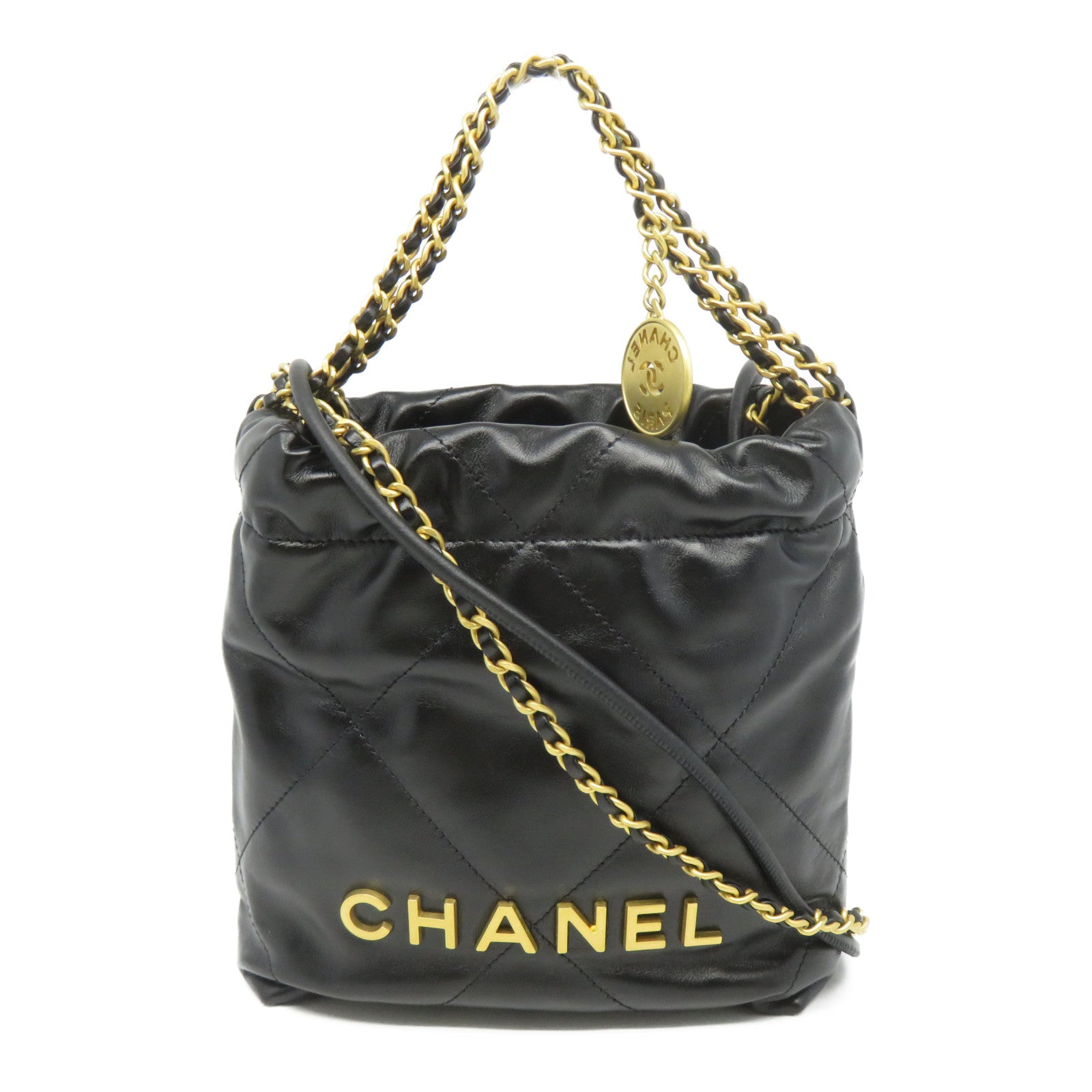CHANEL 菱格牛皮皮革2 Way Chain Shoulder金扣鏈帶手挽肩背兩用袋黑色