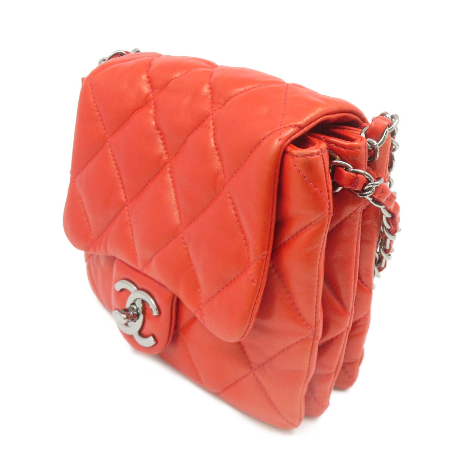 CHANEL 菱格羊皮皮革Mini Square Chain Shoulder Bag银扣链带肩背袋橙红色