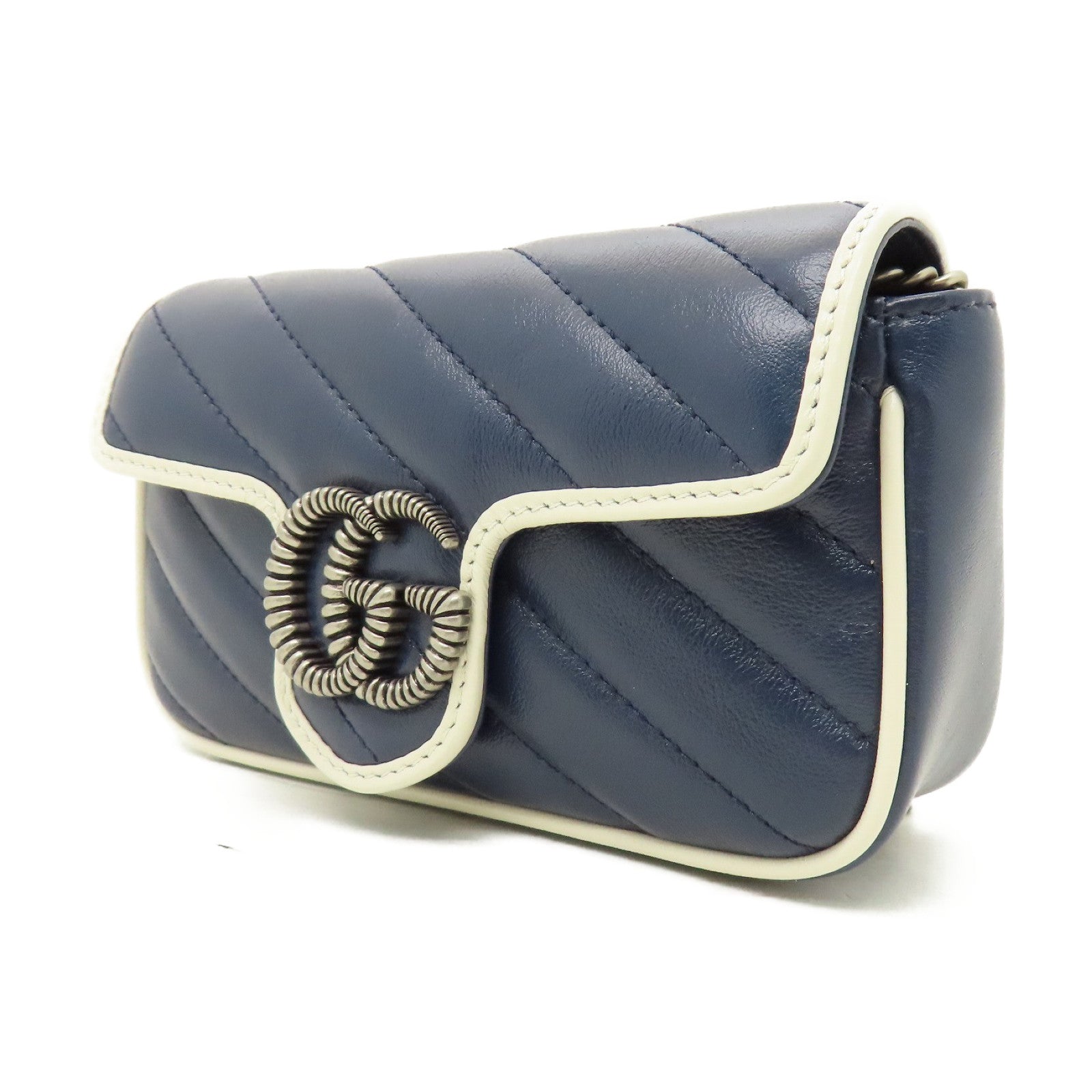GUCCI 牛皮皮革Mini Chain Bag銀扣鏈帶肩背袋藍色/白色