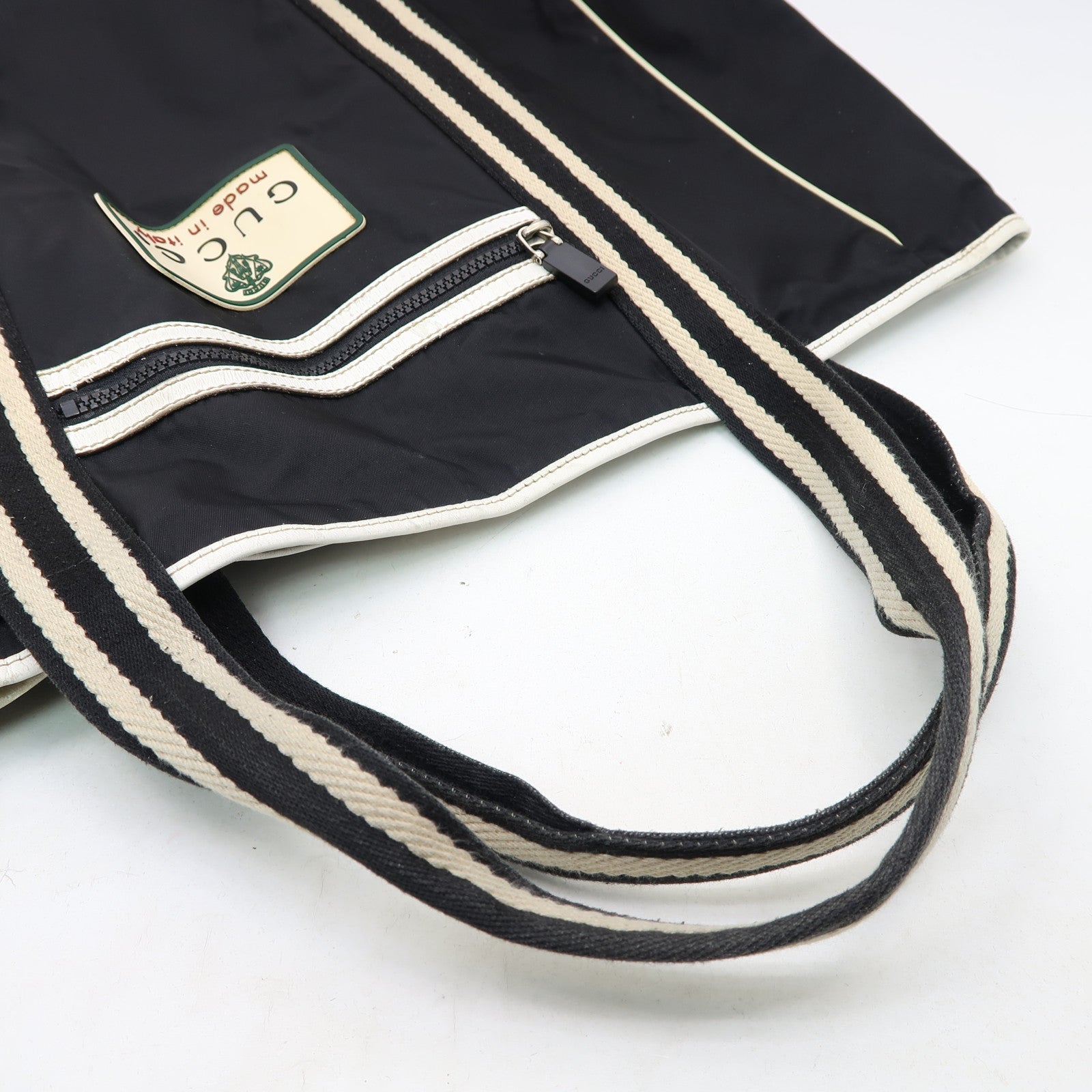 GUCCI 尼龍Tote Bag銀扣肩背袋黑色/白色