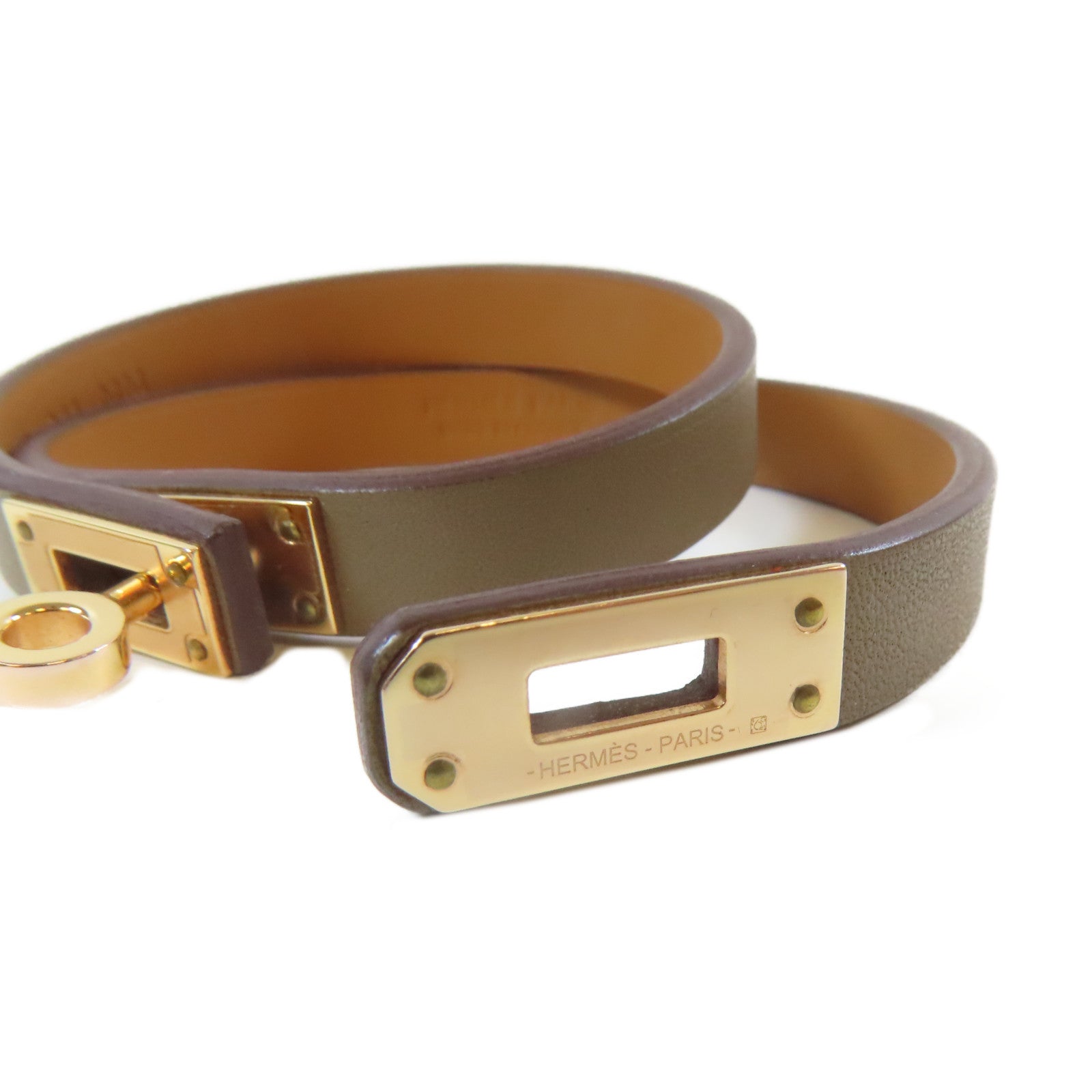 HERMES 皮革/金屬Mini Kelly Double Tour手鐲大象灰色#16cm