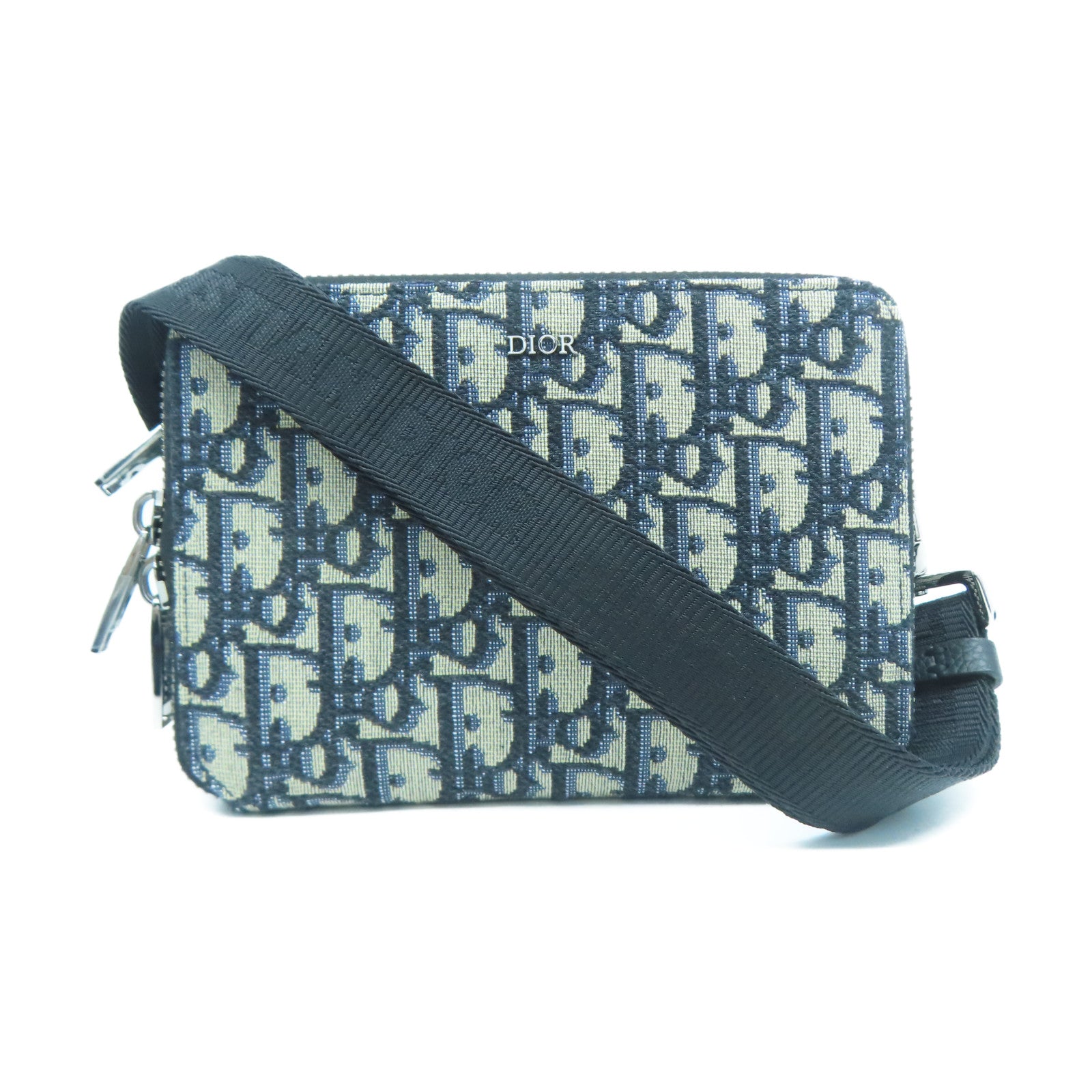 Dior 帆布Pouch With Strap銀扣肩背袋黑色/藍色