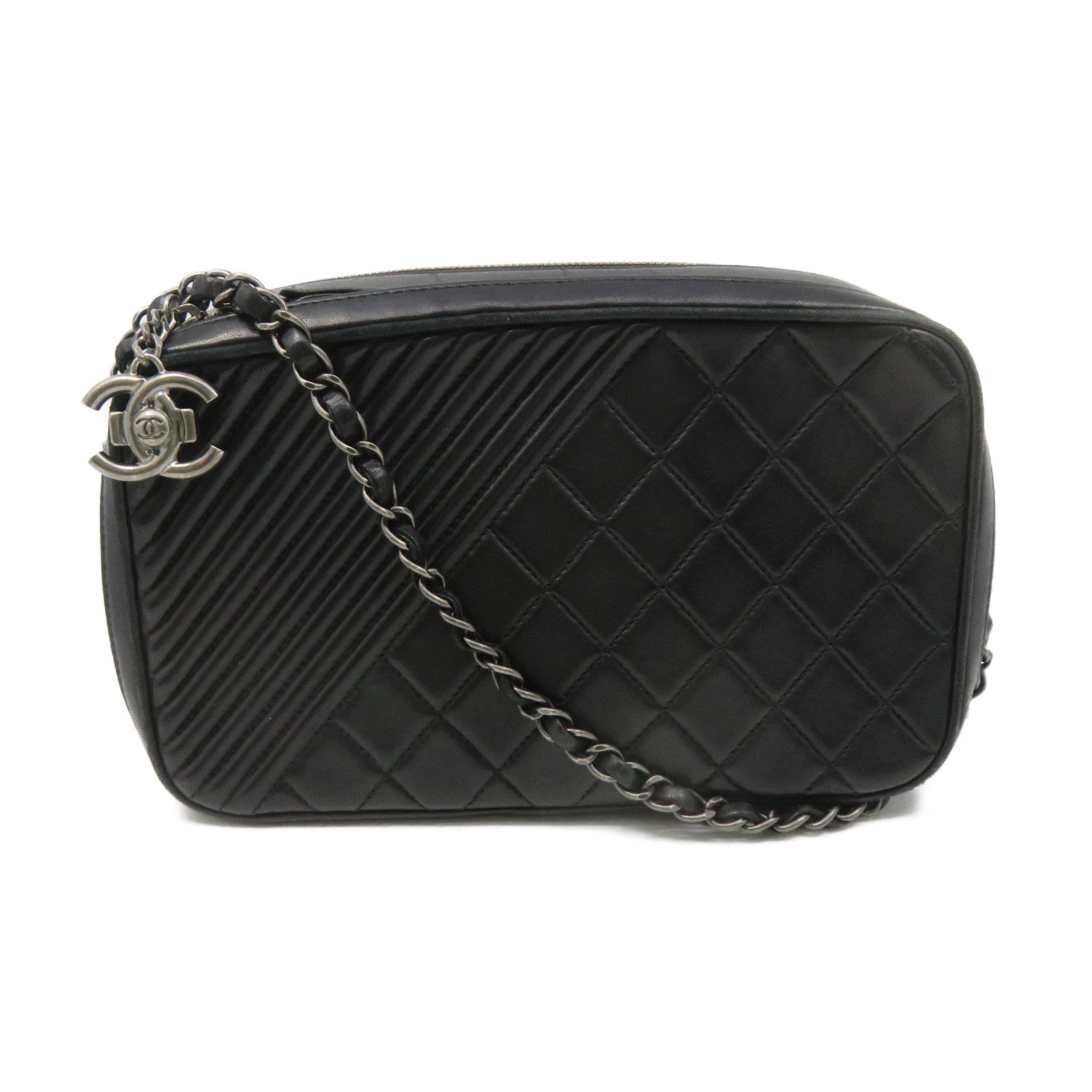 CHANEL 菱格羊皮皮革Chain Shoulder Bag银扣链带肩背袋黑色