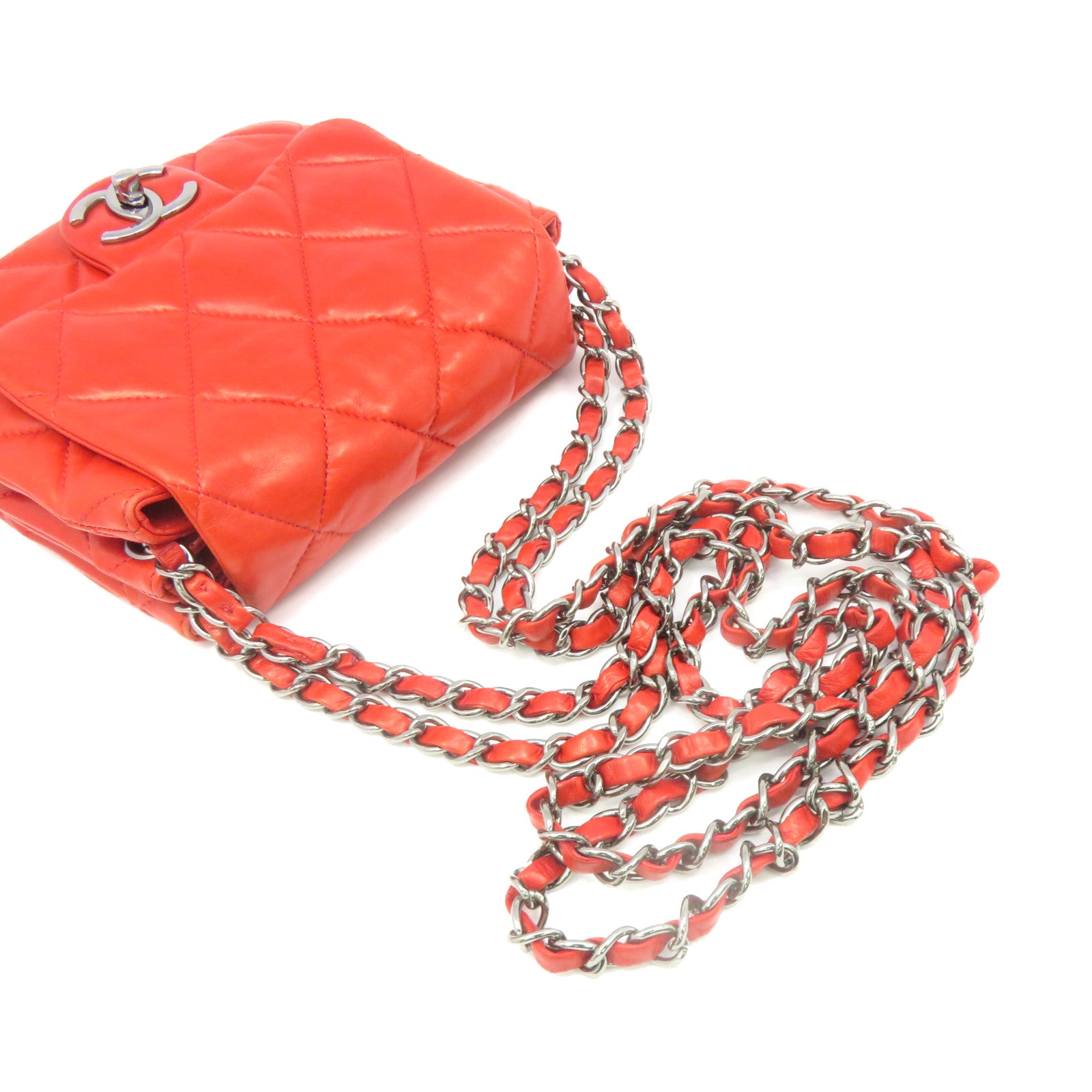 CHANEL 菱格羊皮皮革Mini Square Chain Shoulder Bag银扣链带肩背袋橙红色