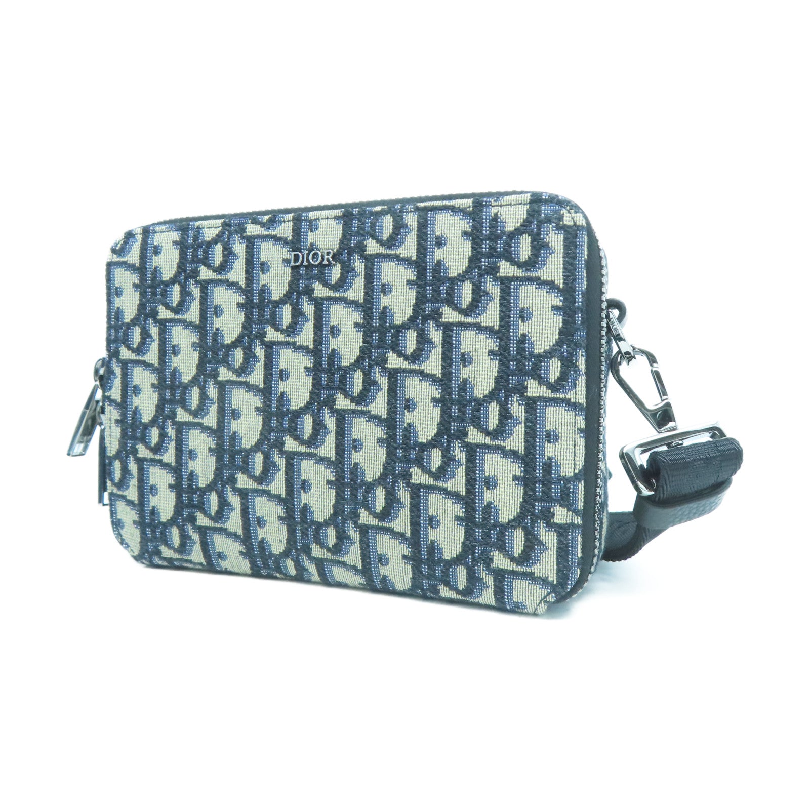 Dior 帆布Pouch With Strap銀扣肩背袋黑色/藍色