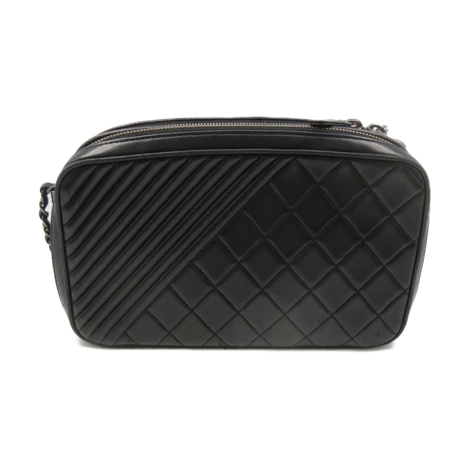 CHANEL 菱格羊皮皮革Chain Shoulder Bag银扣链带肩背袋黑色