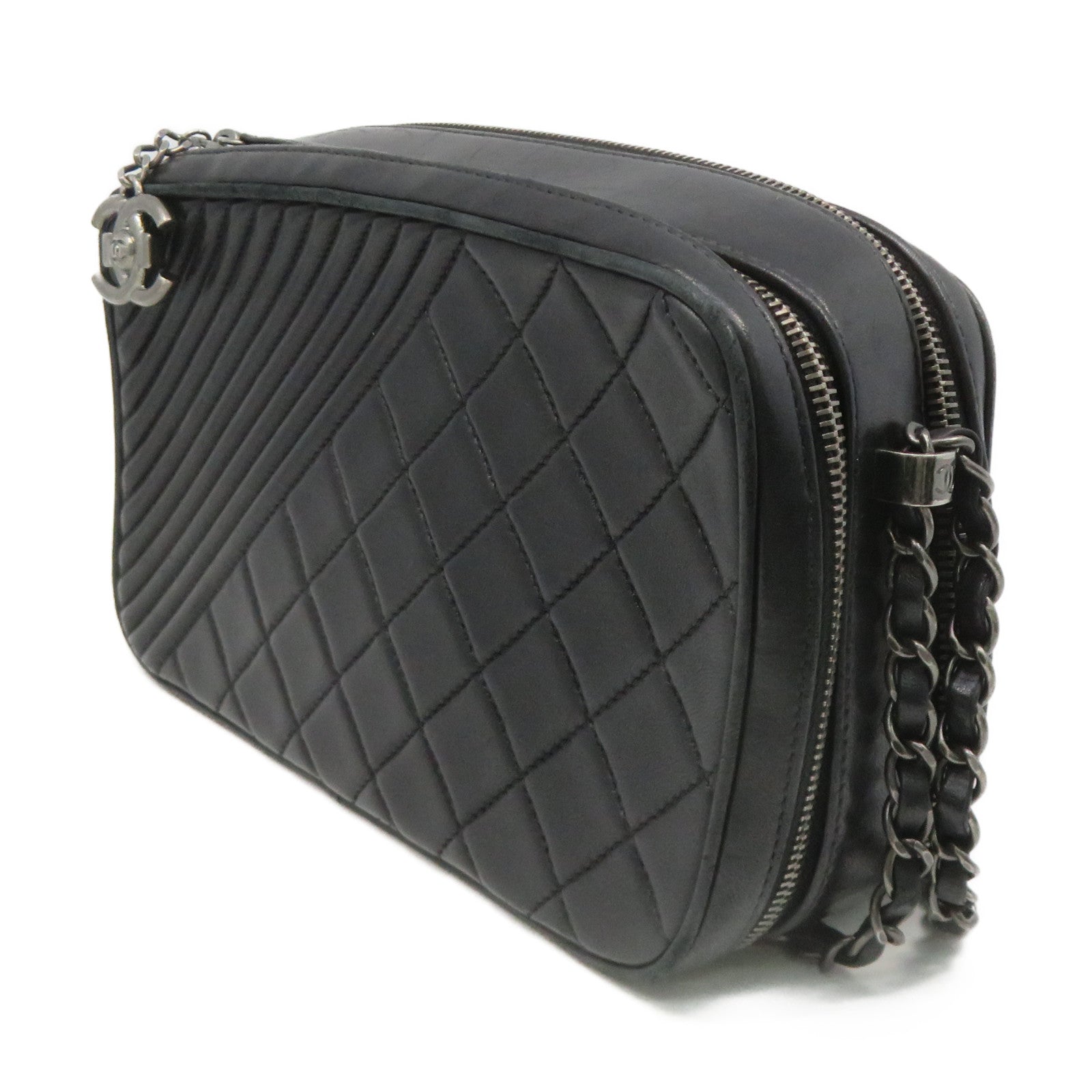 CHANEL 菱格羊皮皮革Chain Shoulder Bag银扣链带肩背袋黑色