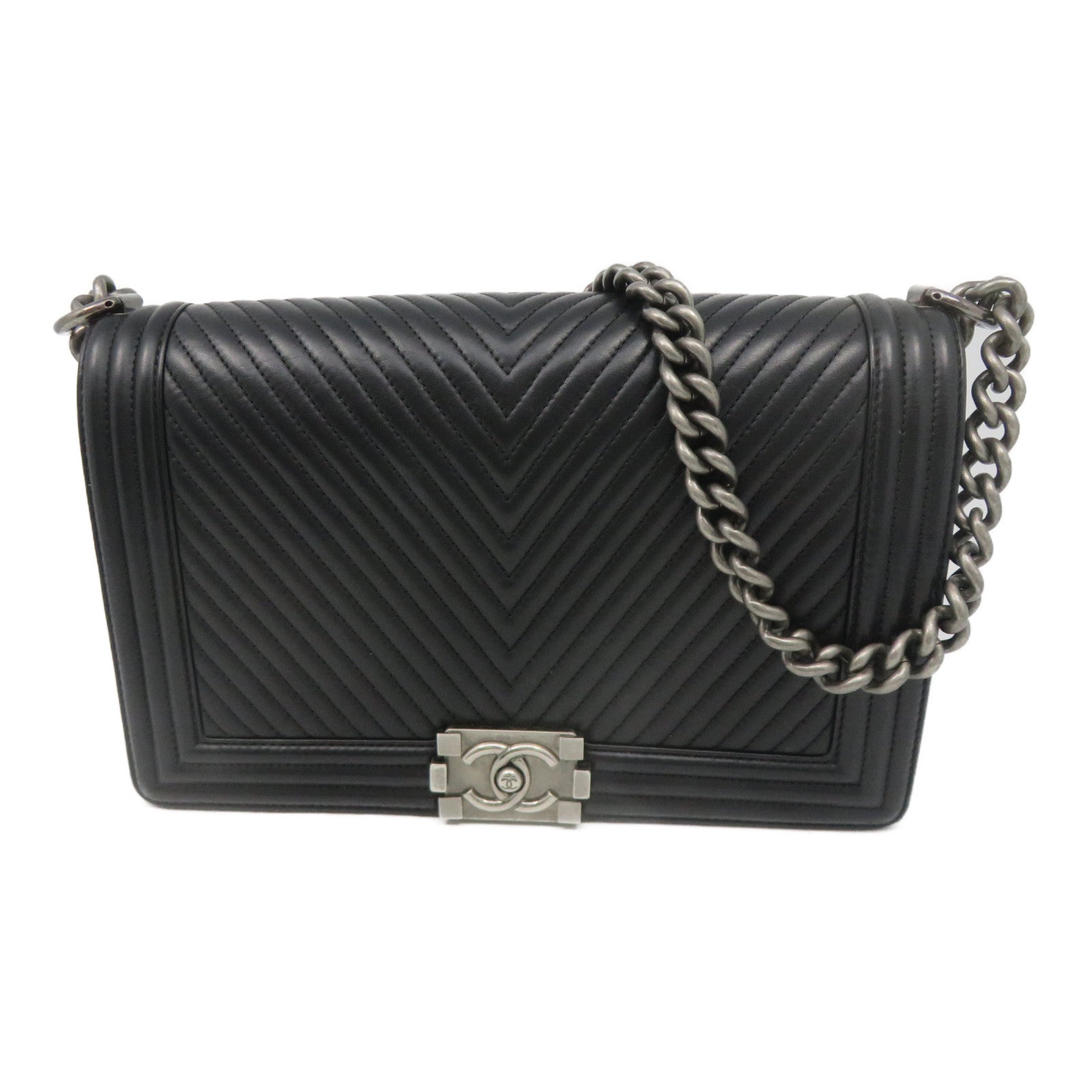 CHANEL 斜紋羊皮皮革Boy 28 Chain Shoulder鏈帶肩背袋黑色