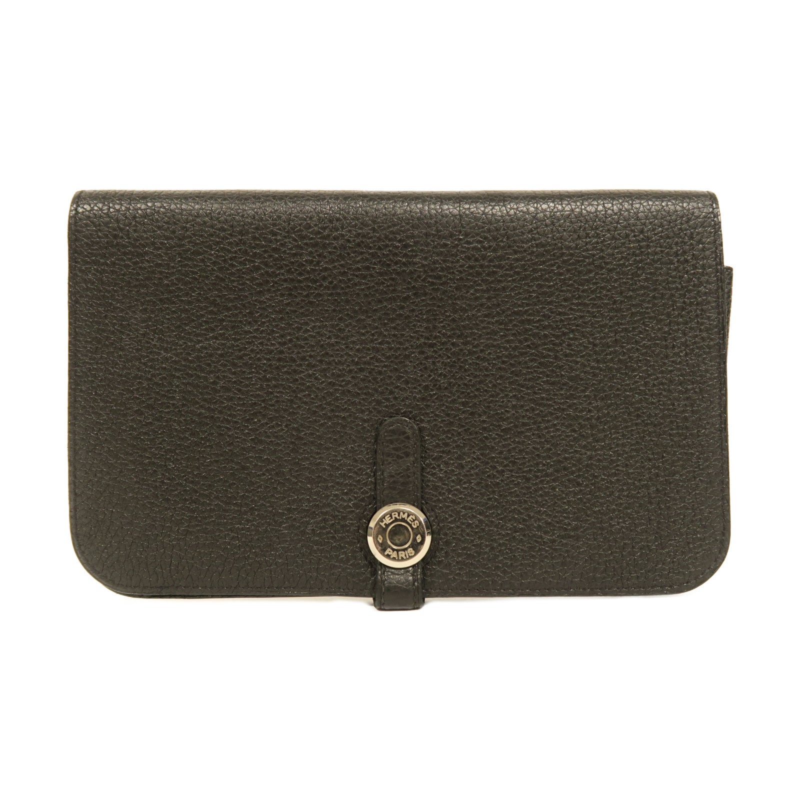 HERMES Clemence皮革Dogon Duo Wallet銀扣長錢包黑色