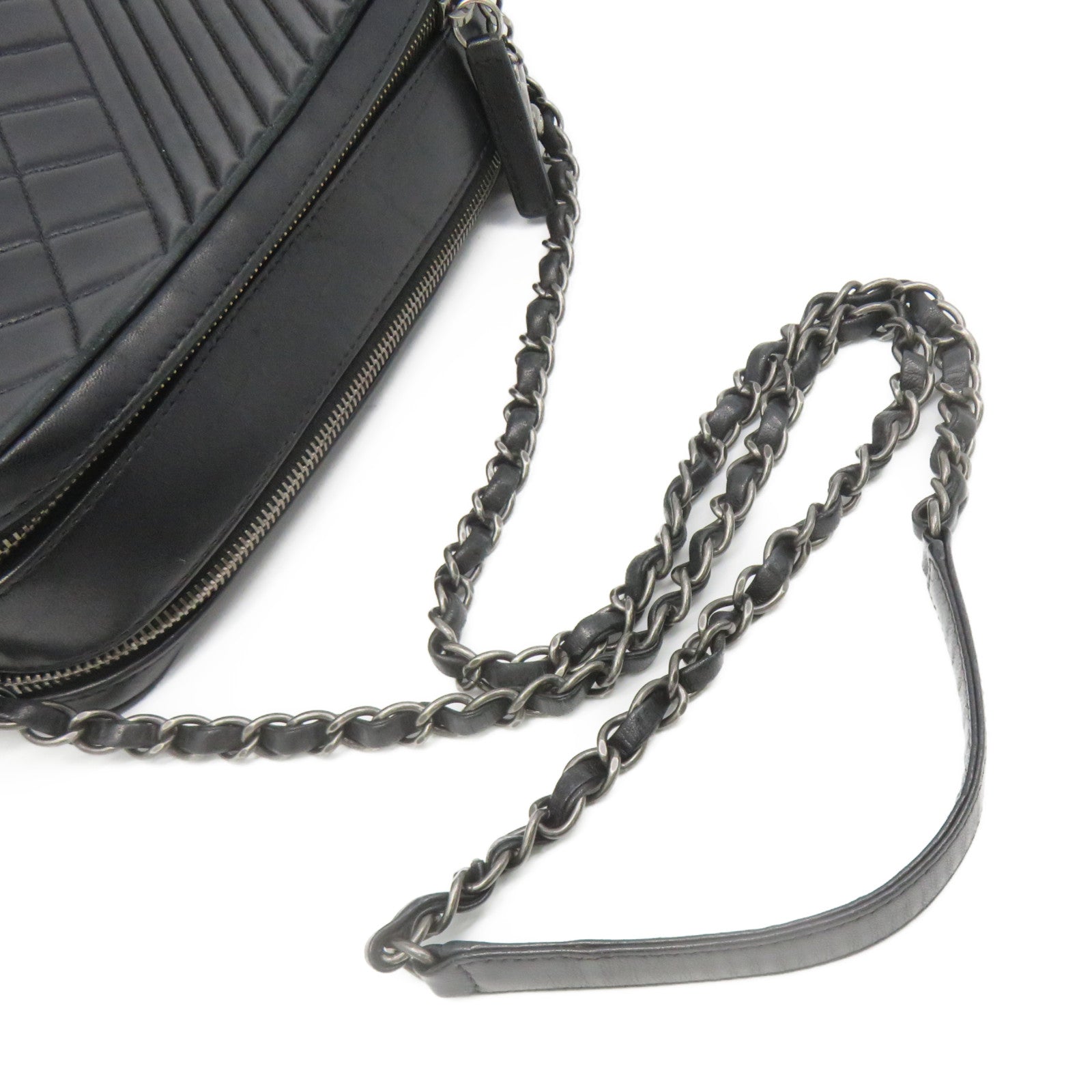 CHANEL 菱格羊皮皮革Chain Shoulder Bag银扣链带肩背袋黑色