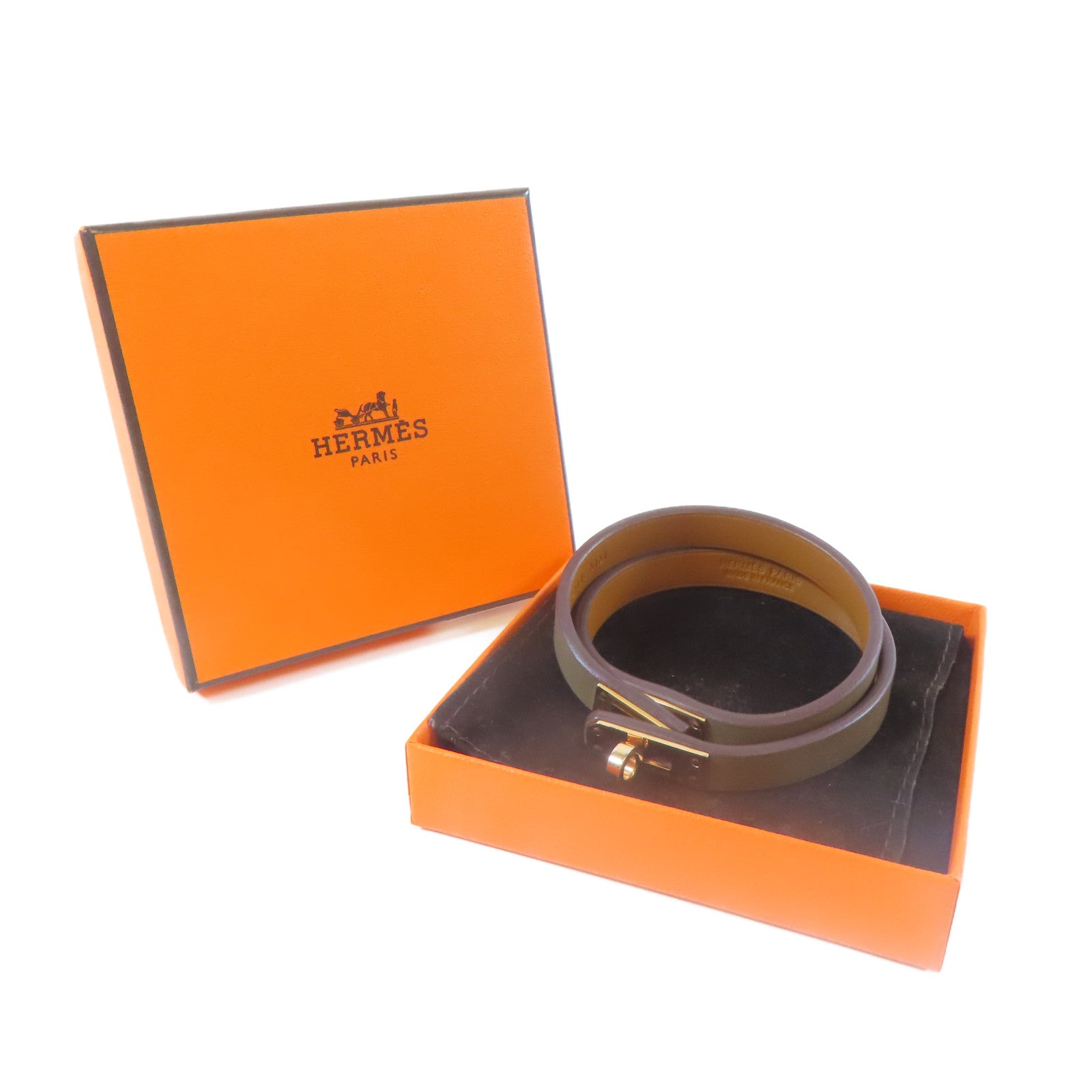HERMES 皮革/金屬Mini Kelly Double Tour手鐲大象灰色#16cm