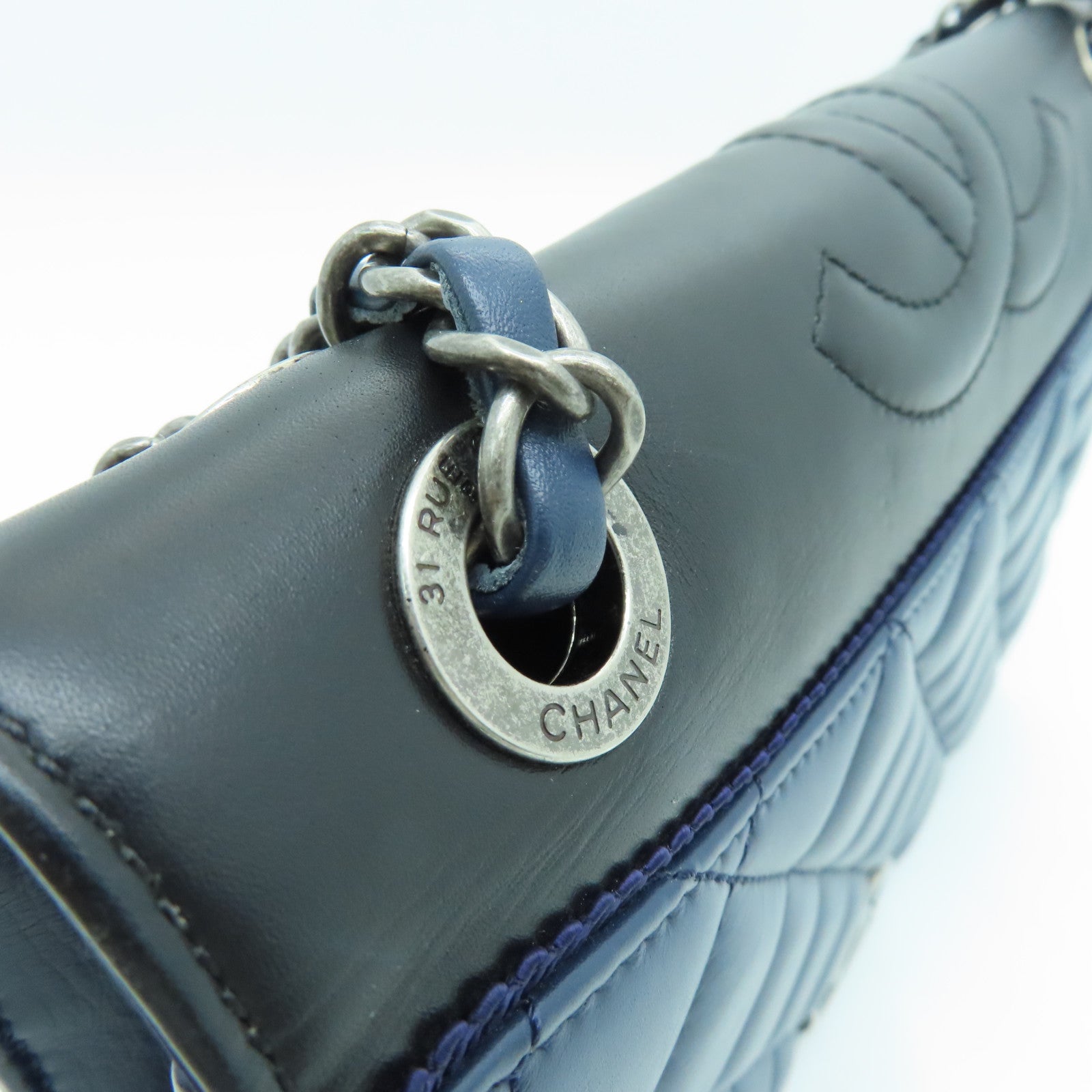 CHANEL rhombus sheepskin leather Shoulder Bag silver buckle chain shoulder bag blue