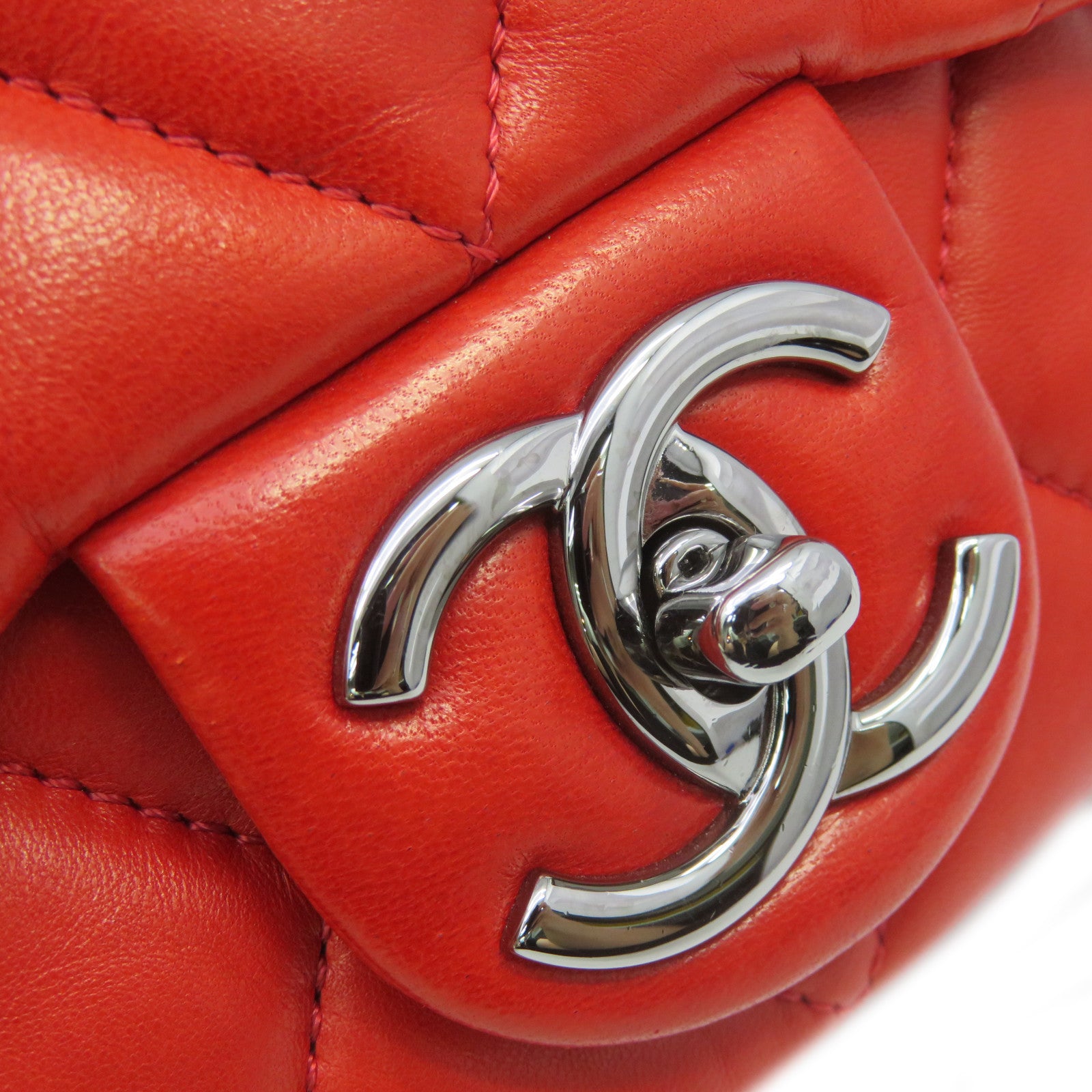 CHANEL 菱格羊皮皮革Mini Square Chain Shoulder Bag银扣链带肩背袋橙红色