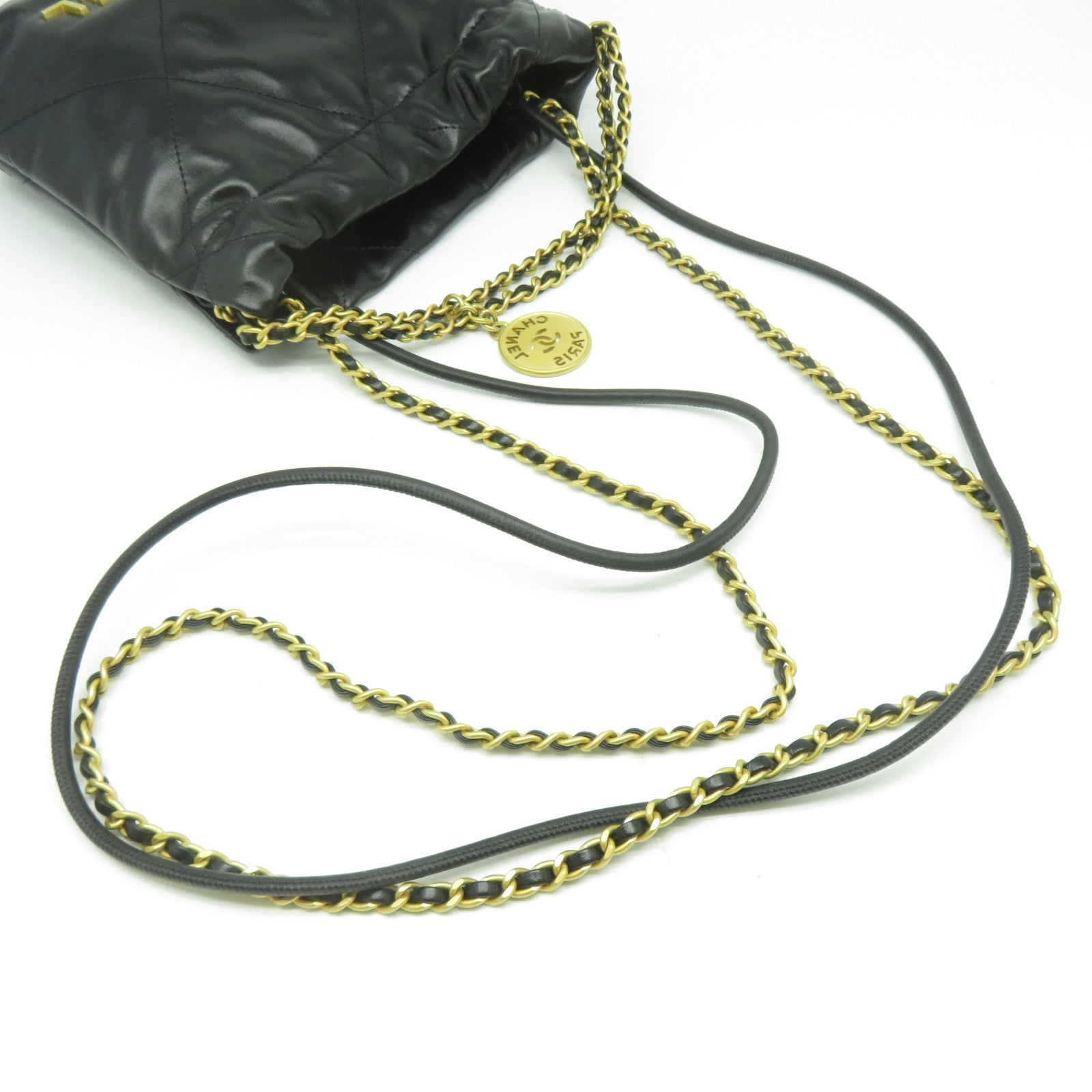 CHANEL 菱格牛皮皮革2 Way Chain Shoulder金扣鏈帶手挽肩背兩用袋黑色