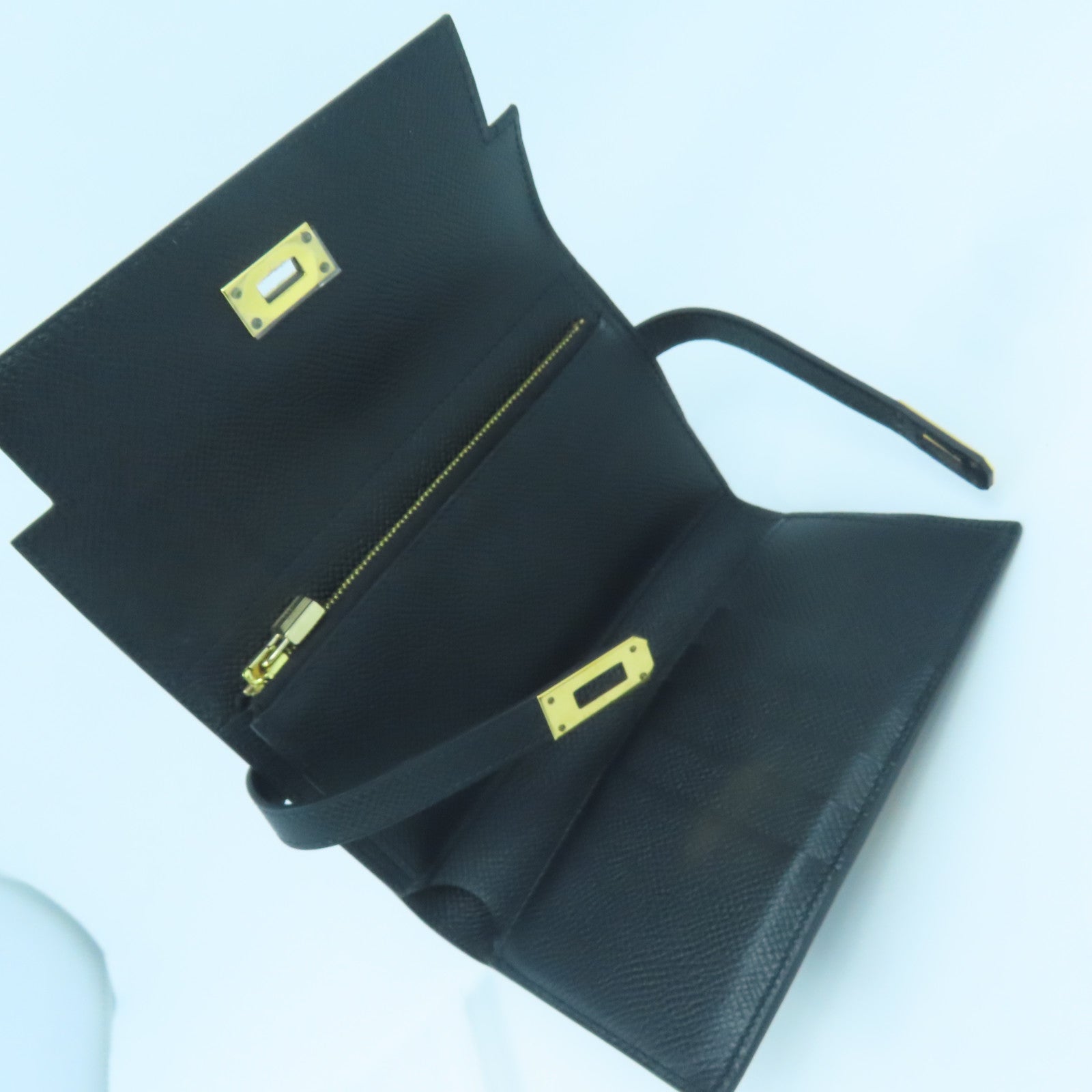 HERMES Epsom Leather Kelly Wallet Gold Buckle Wallet Black
