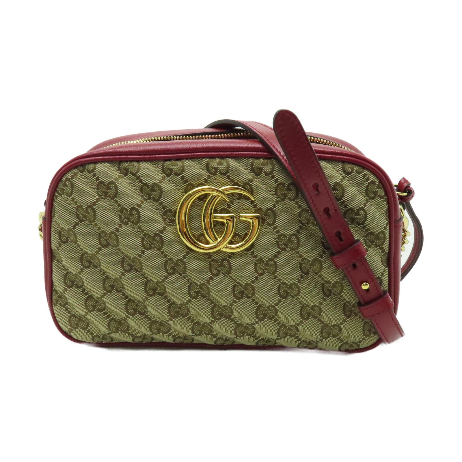 GUCCI 帆布GG Marmont Shoulder Bag金扣肩背袋啡色/紅色
