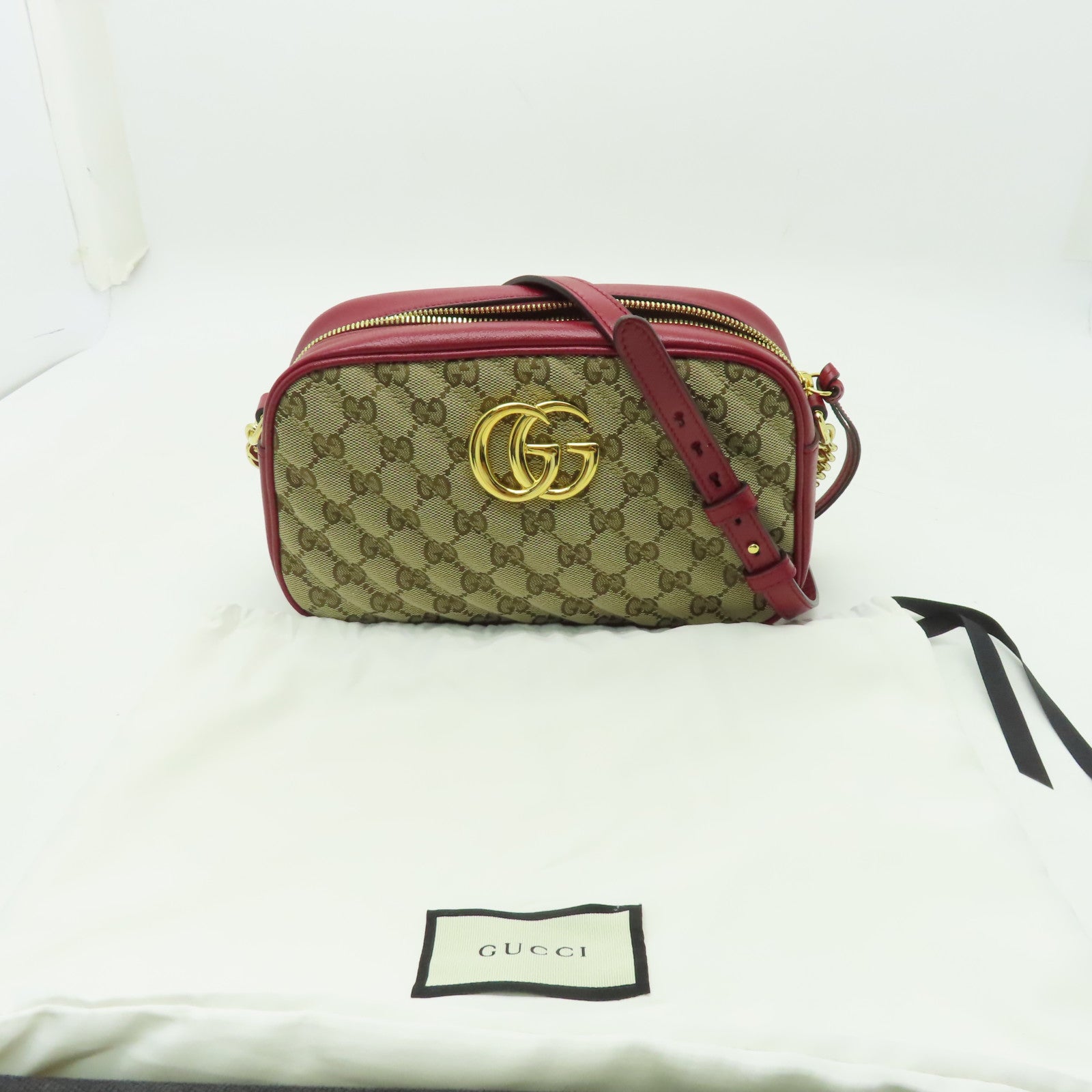GUCCI 帆布GG Marmont Shoulder Bag金扣肩背袋啡色/紅色