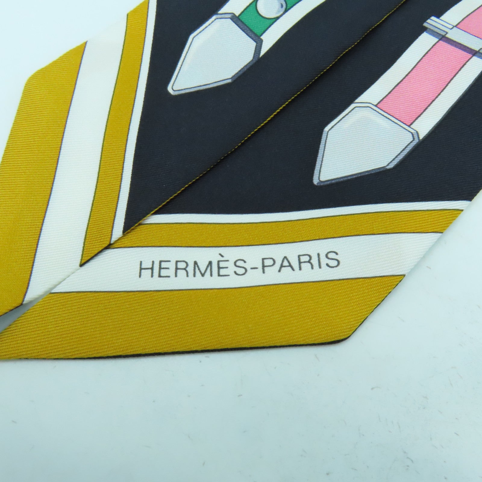 HERMES 絲質Twilly絲巾黑色/橙色/白色