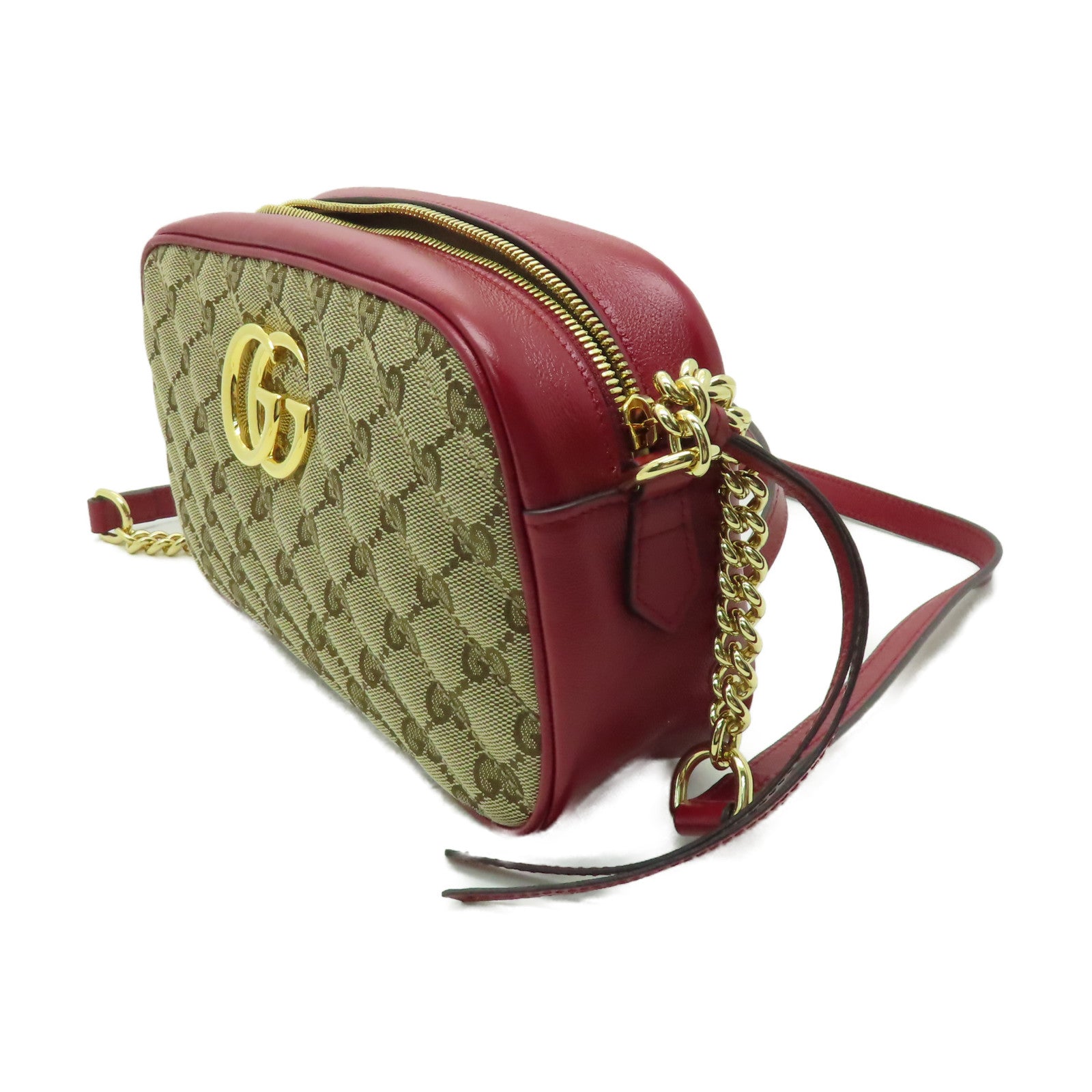 GUCCI 帆布GG Marmont Shoulder Bag金扣肩背袋啡色/紅色