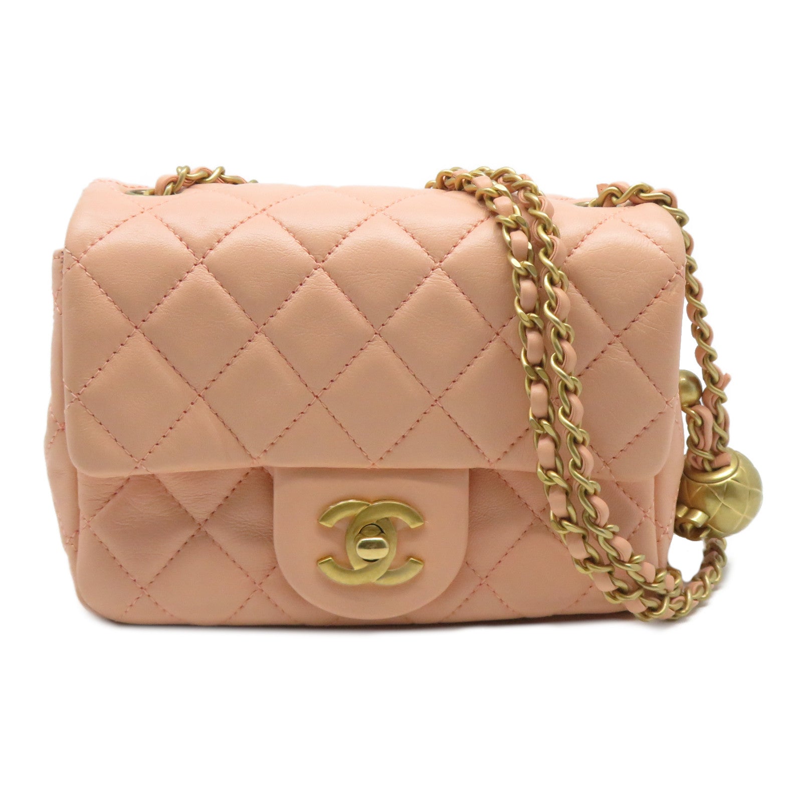 CHANEL 菱格羊皮皮革Chain Shoulder金扣鏈帶肩背袋鮭魚粉紅色