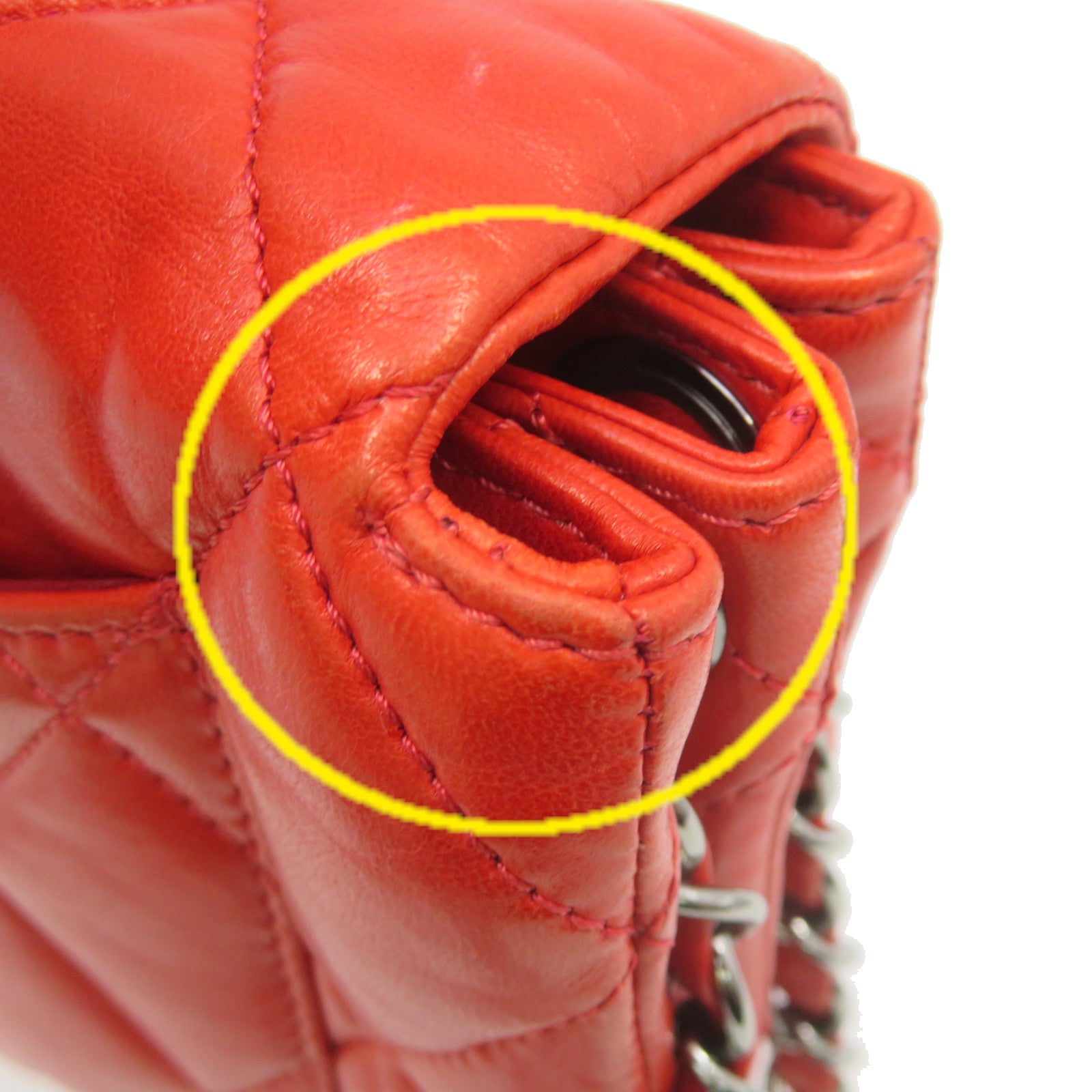 CHANEL 菱格羊皮皮革Mini Square Chain Shoulder Bag银扣链带肩背袋橙红色