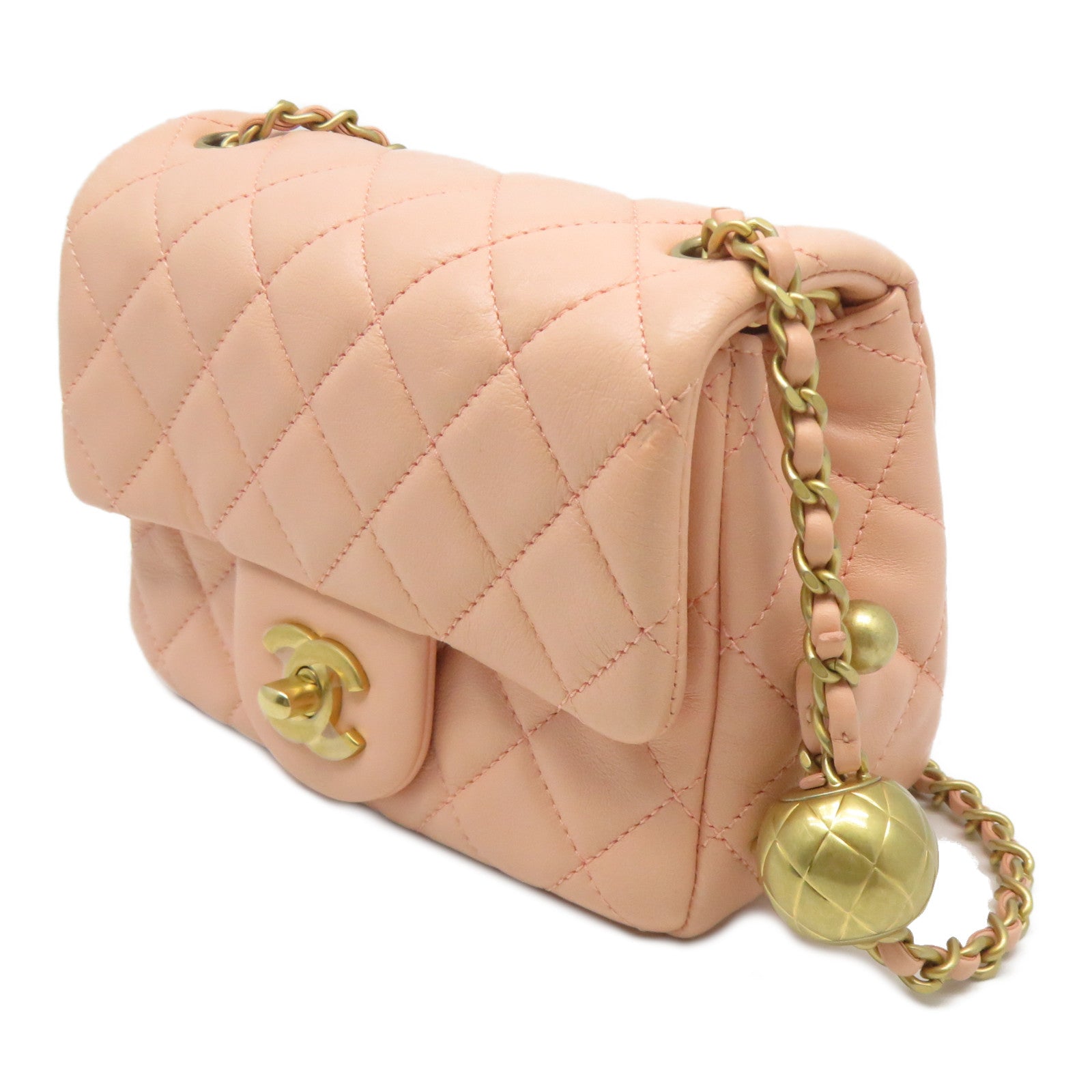 CHANEL 菱格羊皮皮革Chain Shoulder金扣鏈帶肩背袋鮭魚粉紅色