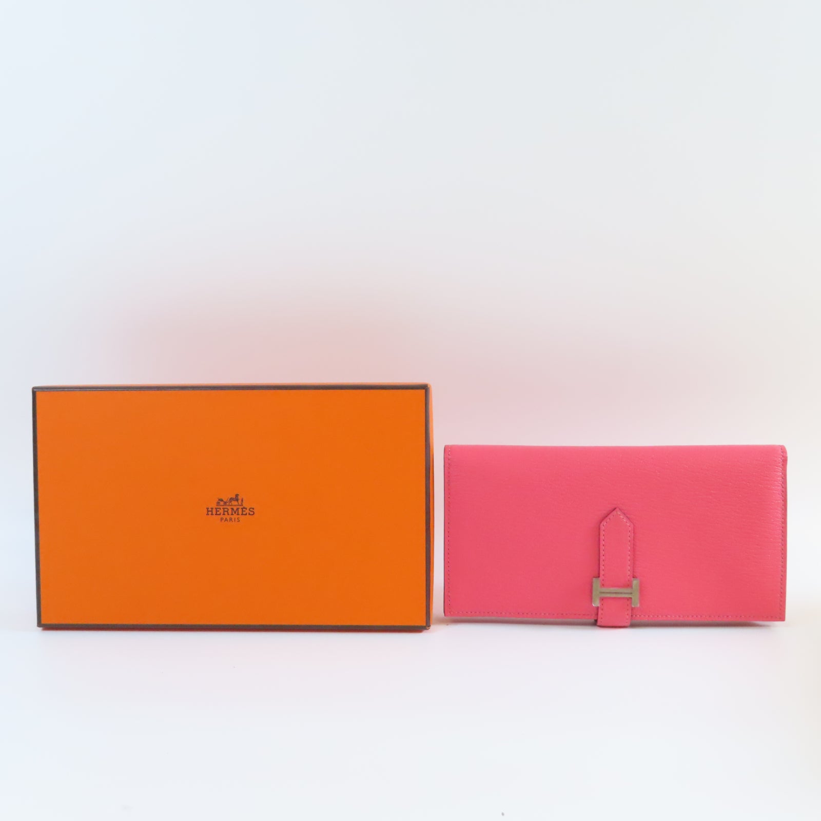 HERMES Chevre皮革Bearn W Snap銀扣長錢包Rose Azalee杜鵑粉色