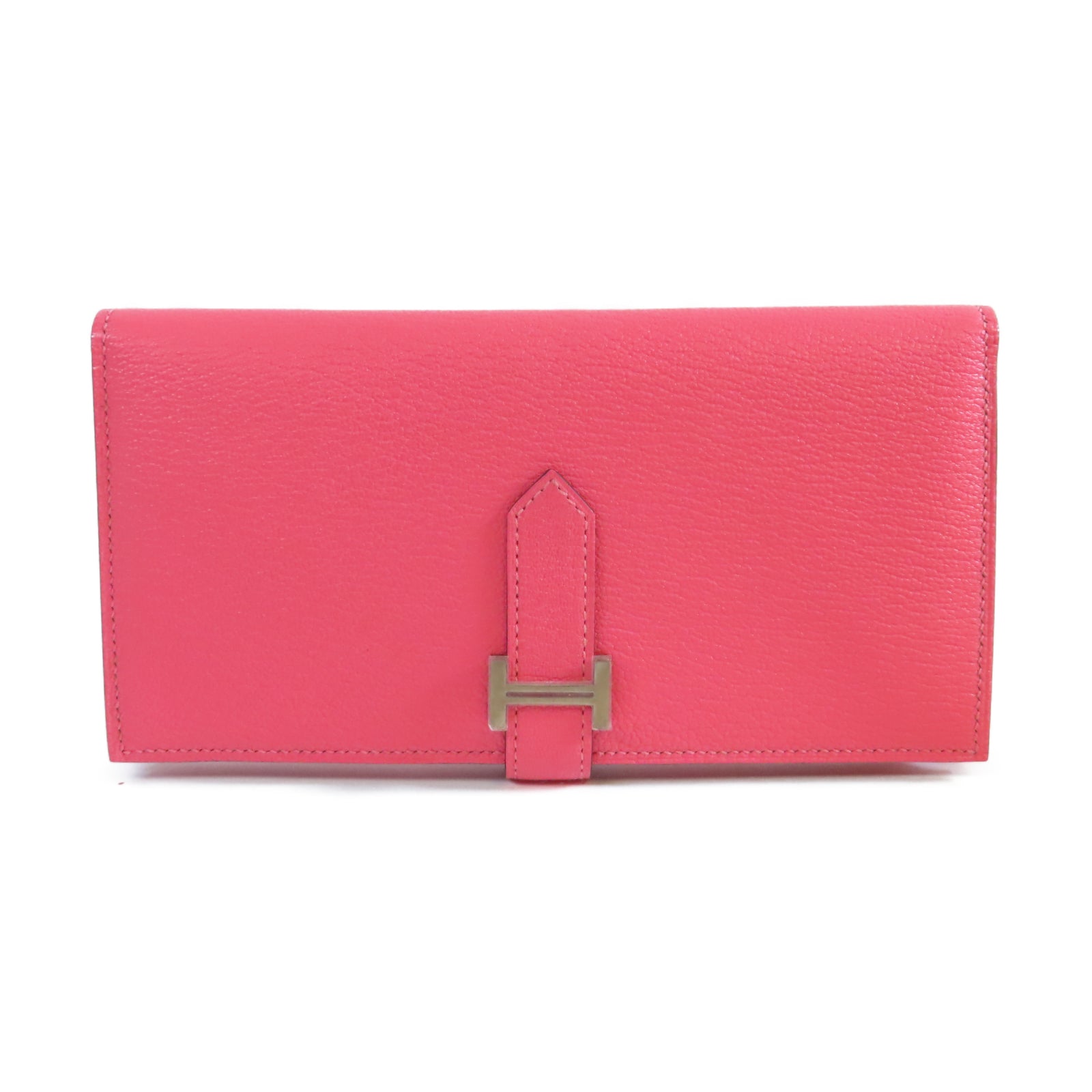 HERMES Chevre皮革Bearn W Snap銀扣長錢包Rose Azalee杜鵑粉色