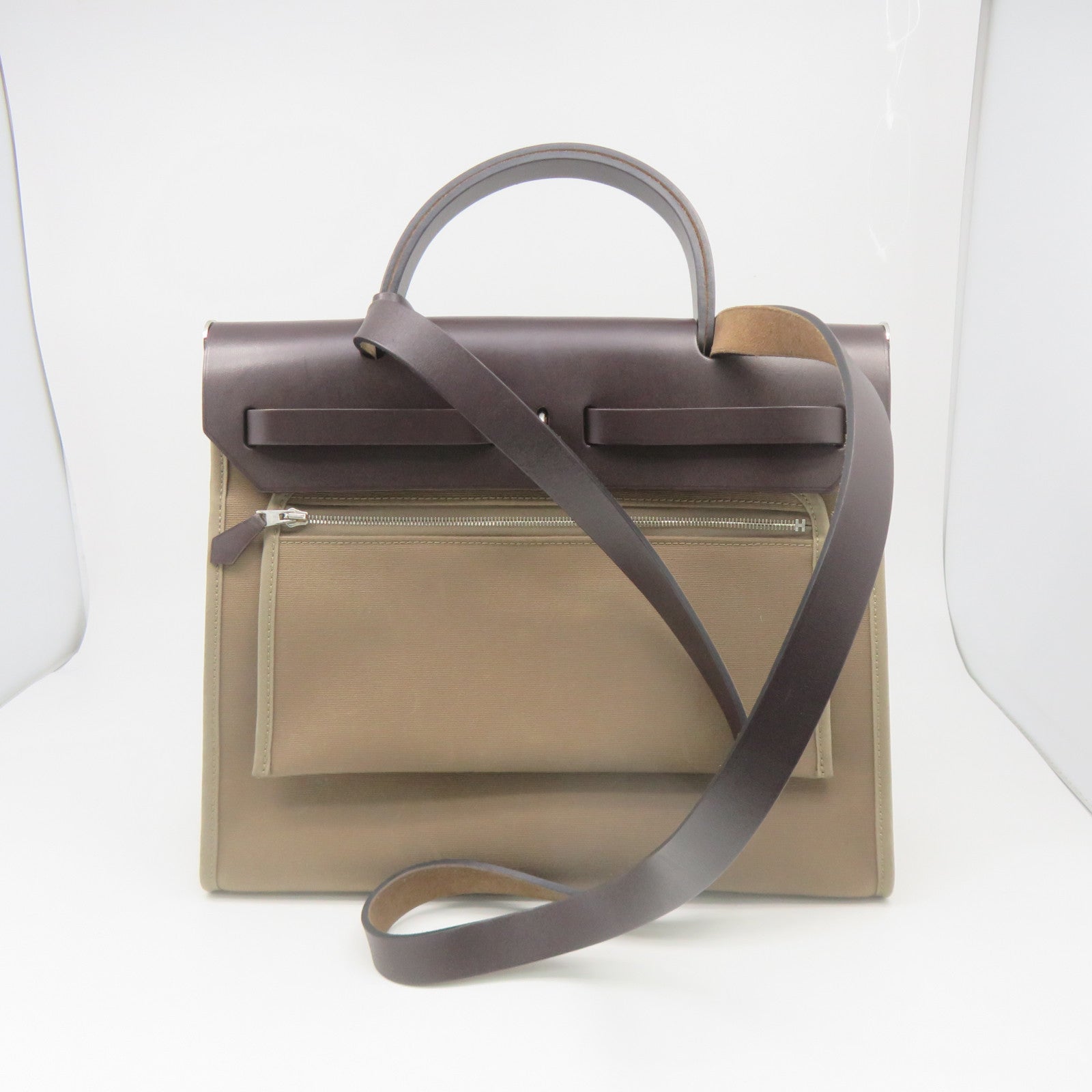 HERMES 【激減優惠】帆布Herbag PM銀扣手挽肩背兩用袋Etoupe大象灰