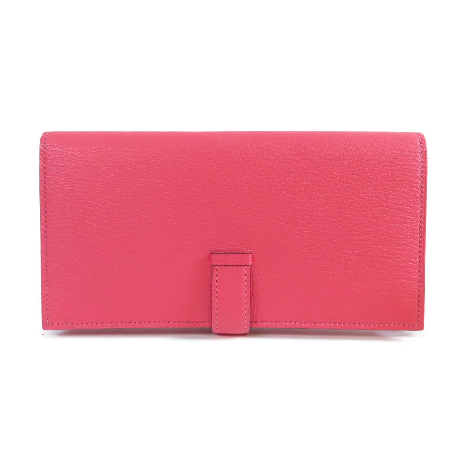 HERMES Chevre皮革Bearn W Snap銀扣長錢包Rose Azalee杜鵑粉色