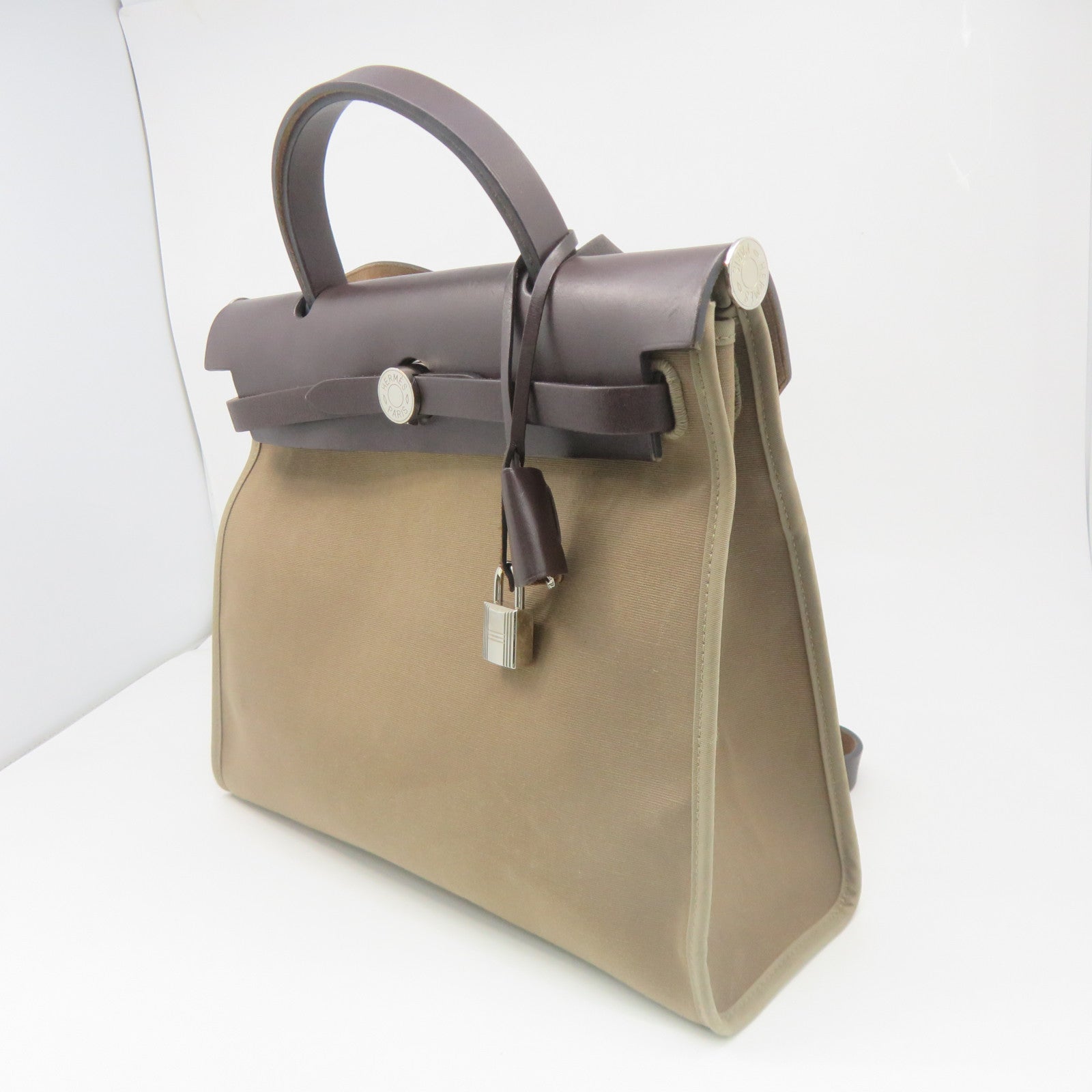 HERMES 【激減優惠】帆布Herbag PM銀扣手挽肩背兩用袋Etoupe大象灰