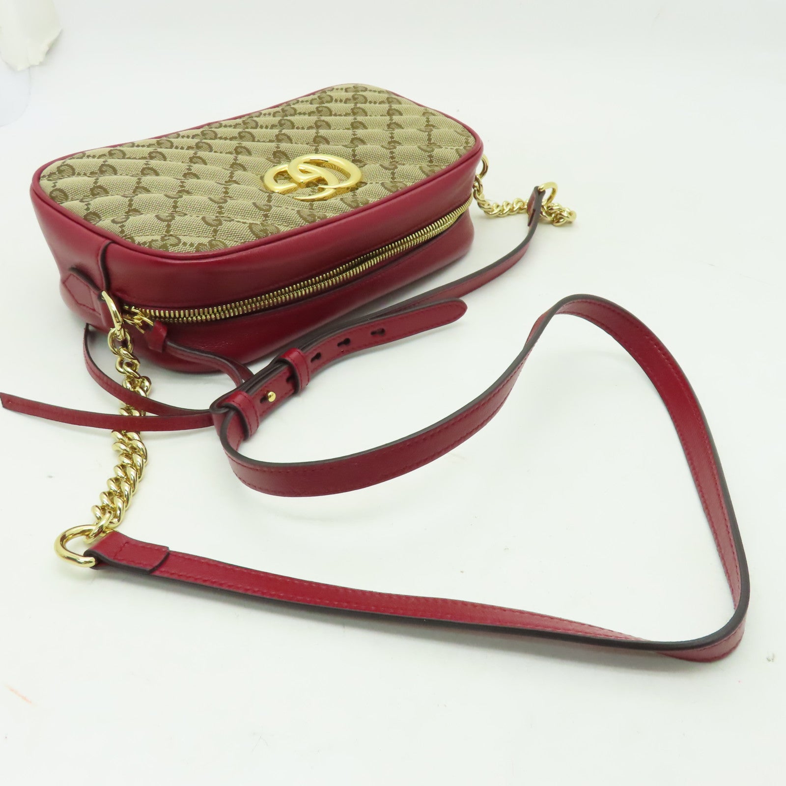 GUCCI 帆布GG Marmont Shoulder Bag金扣肩背袋啡色/紅色