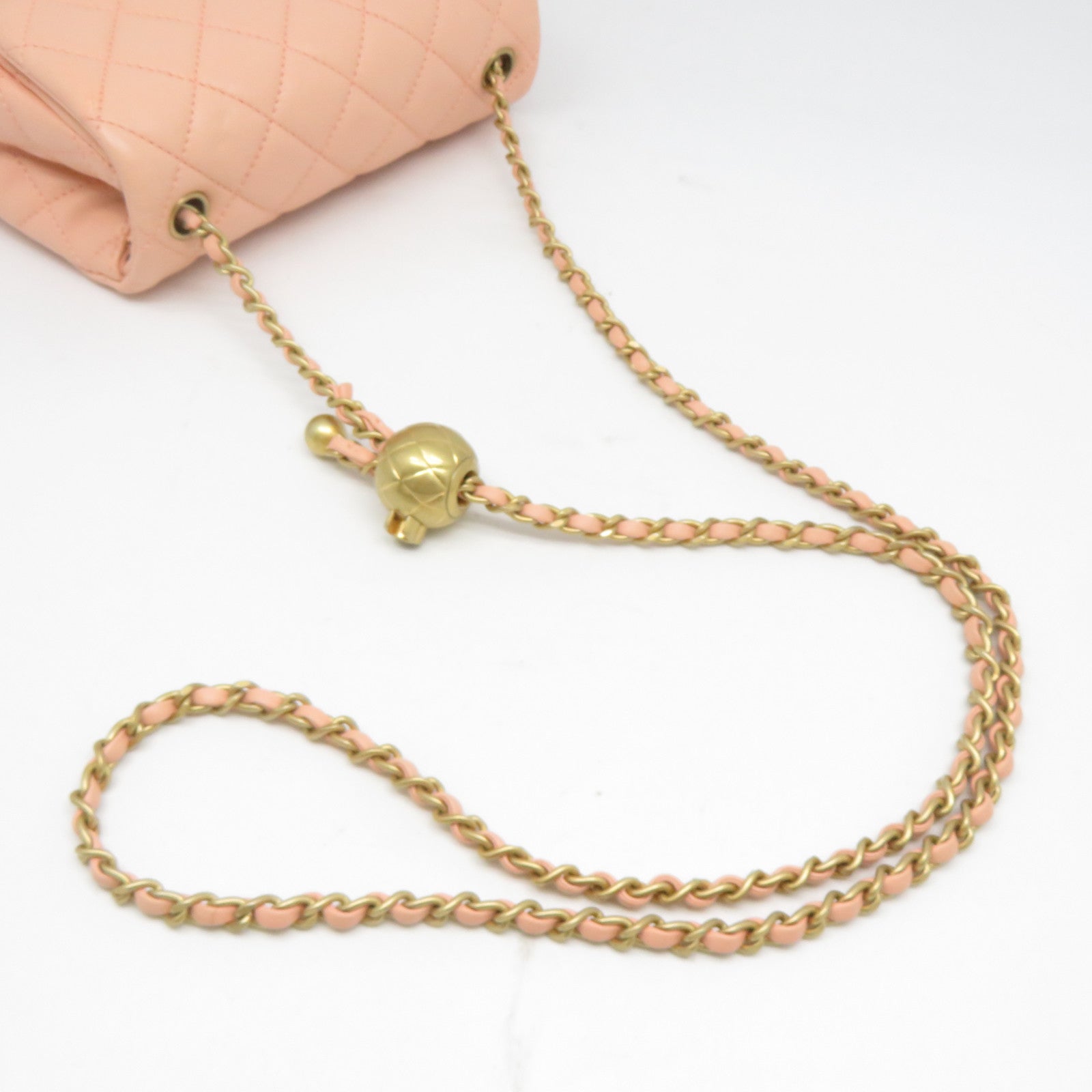 CHANEL 菱格羊皮皮革Chain Shoulder金扣鏈帶肩背袋鮭魚粉紅色