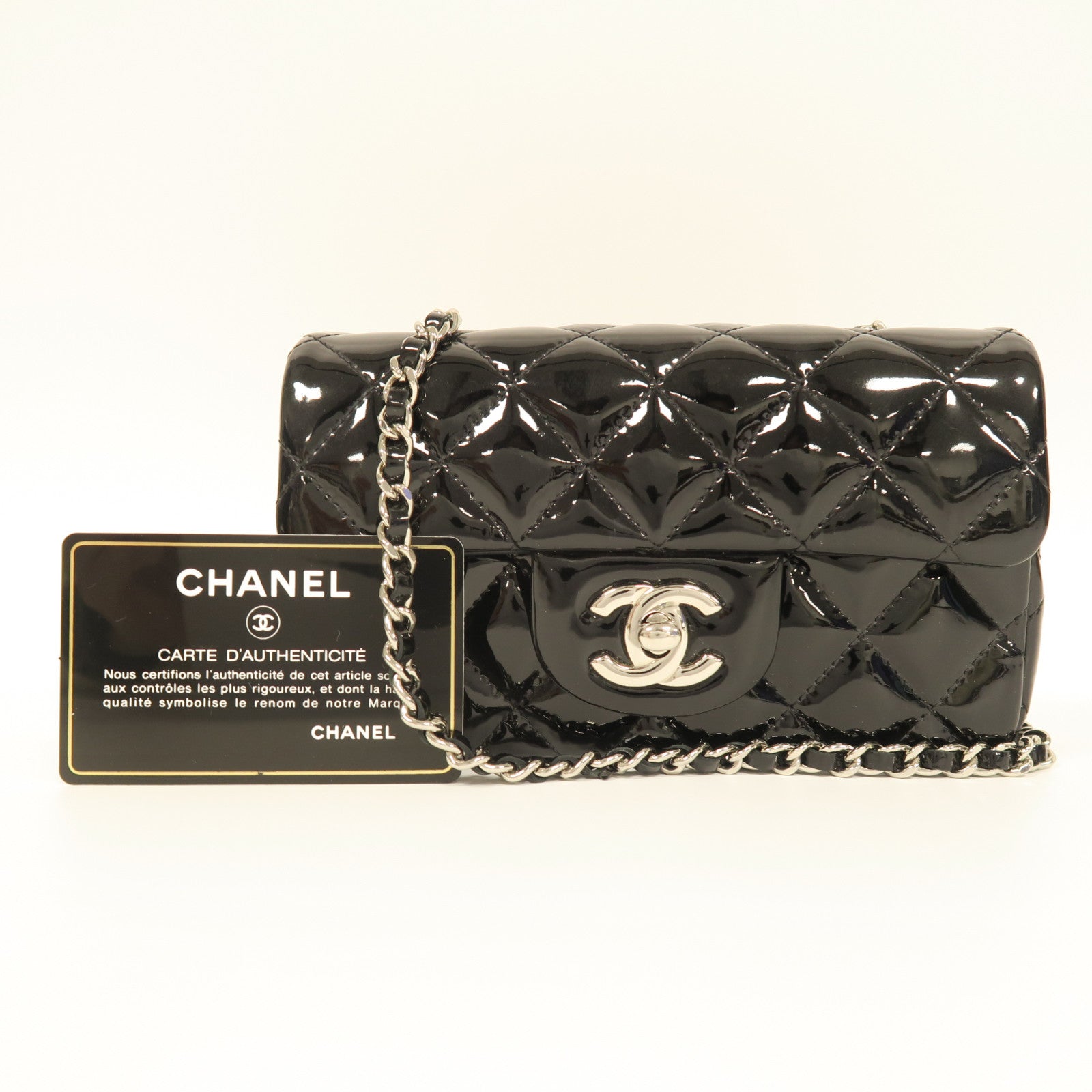 CHANEL 菱格漆皮皮革Chain Shoulder銀扣鏈帶肩背袋黑色