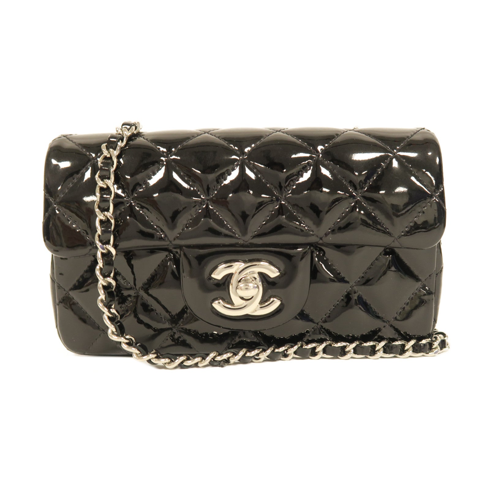 CHANEL 菱格漆皮皮革Chain Shoulder銀扣鏈帶肩背袋黑色