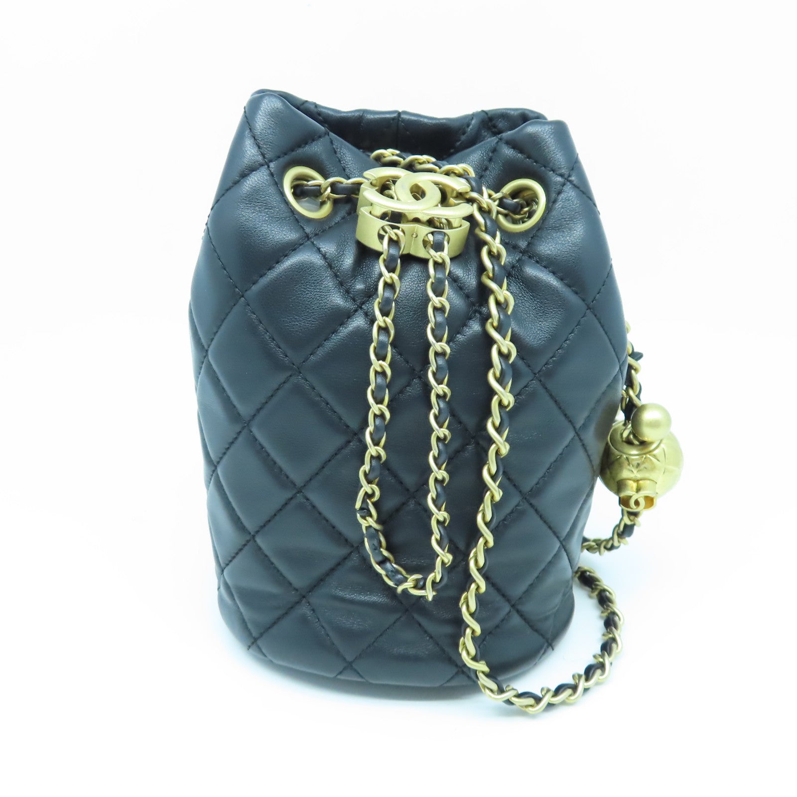 CHANEL 菱格羊皮皮革Bucket Bag金扣鏈帶肩背袋黑色