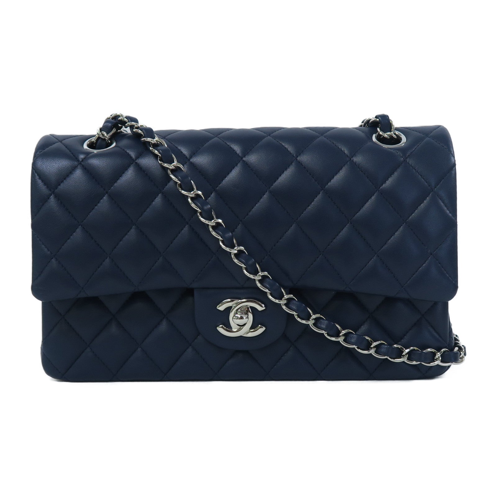 CHANEL 菱格皮革Classic Flap銀扣鏈帶肩背袋深藍色