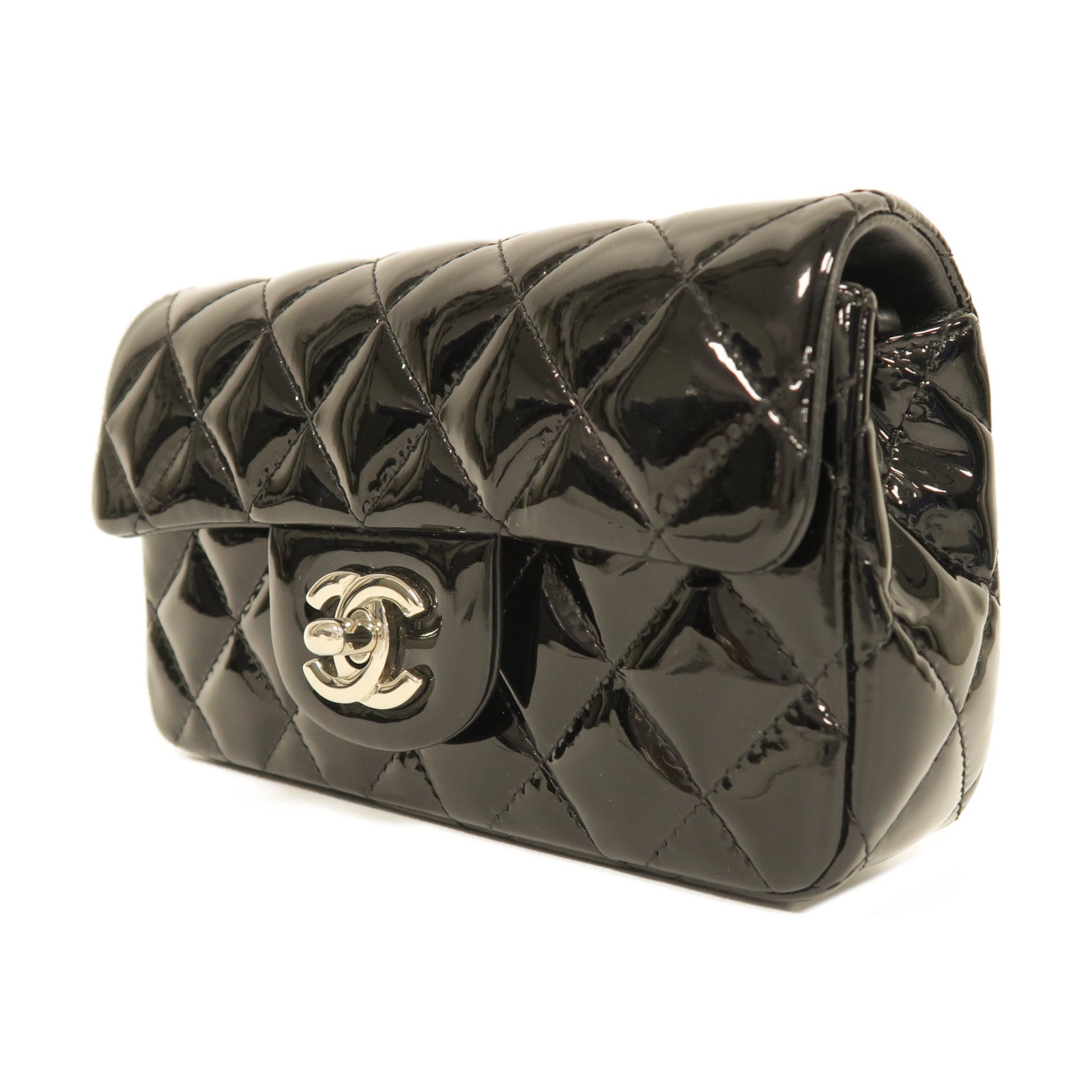CHANEL 菱格漆皮皮革Chain Shoulder銀扣鏈帶肩背袋黑色