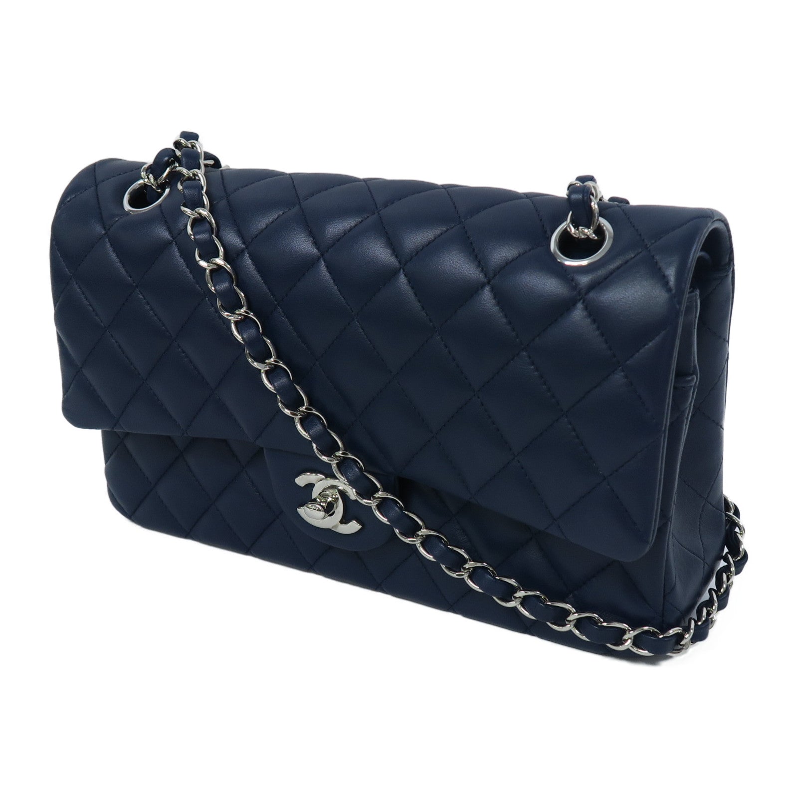 CHANEL 菱格皮革Classic Flap銀扣鏈帶肩背袋深藍色