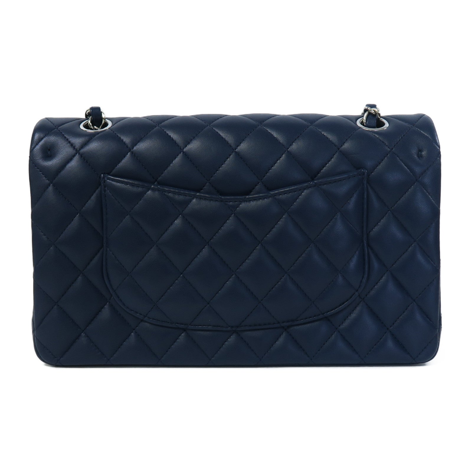 CHANEL 菱格皮革Classic Flap銀扣鏈帶肩背袋深藍色