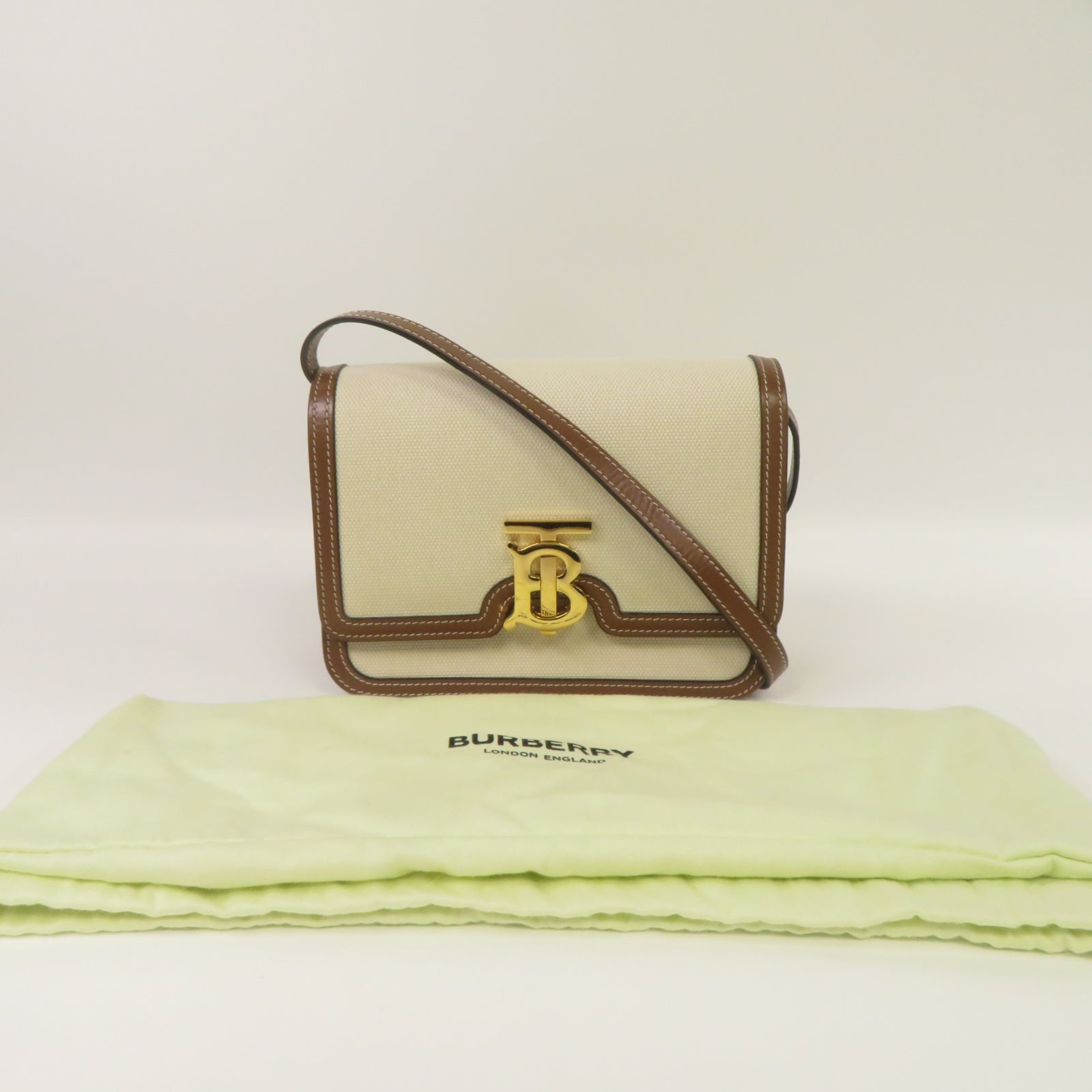 BURBERRY 帆布/皮革Shoulder Bag金扣肩背袋米色/啡色