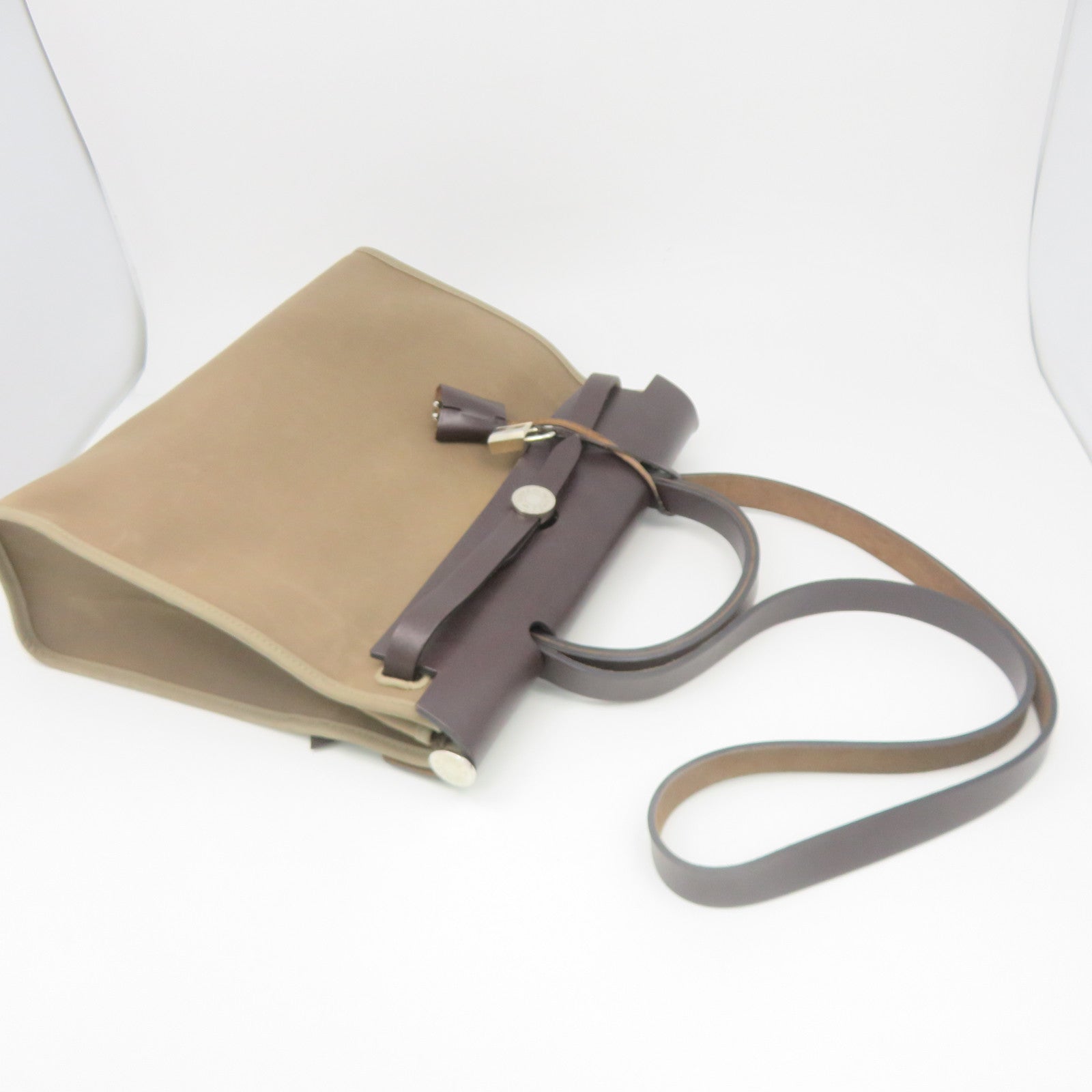 HERMES 【激減優惠】帆布Herbag PM銀扣手挽肩背兩用袋Etoupe大象灰