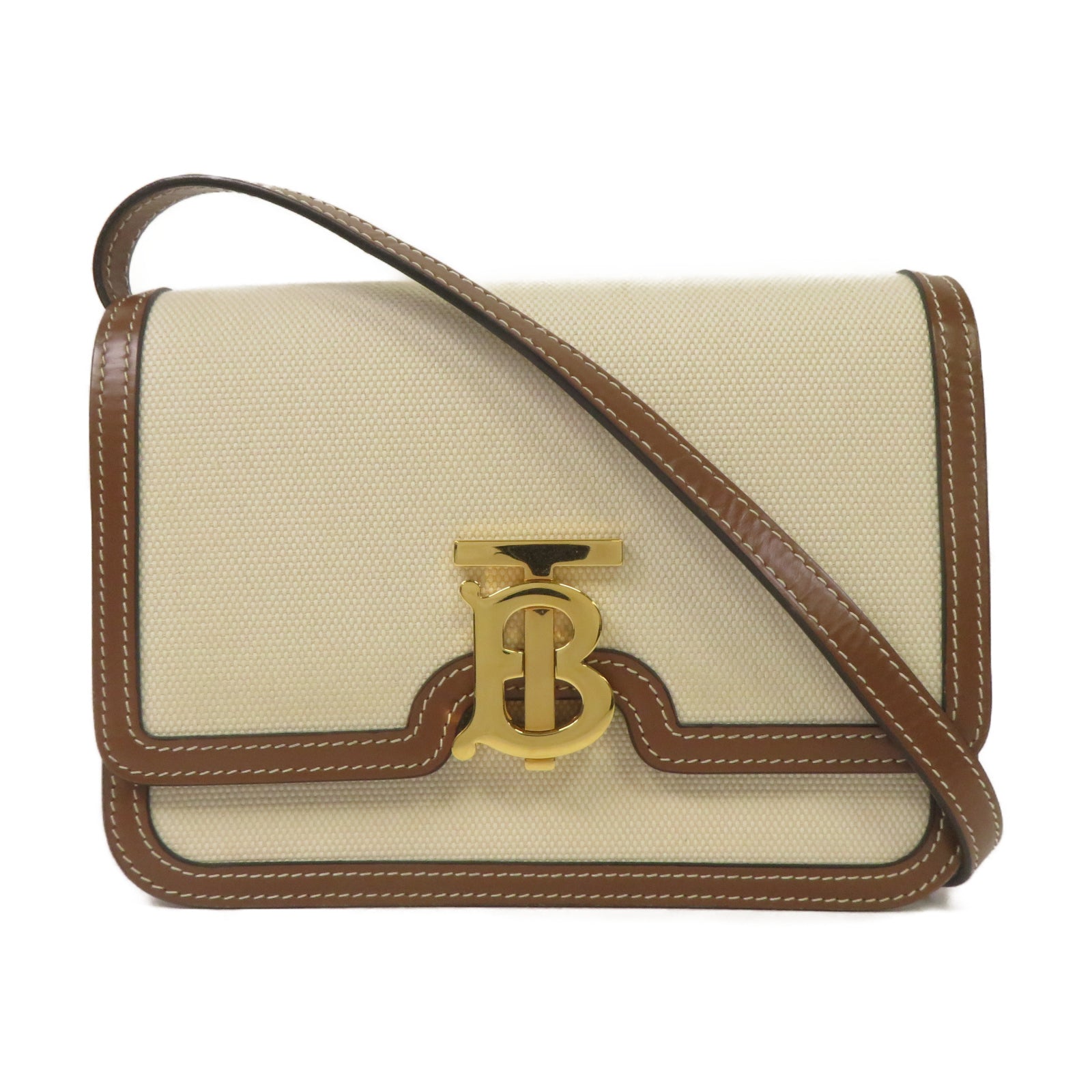 BURBERRY 帆布/皮革Shoulder Bag金扣肩背袋米色/啡色