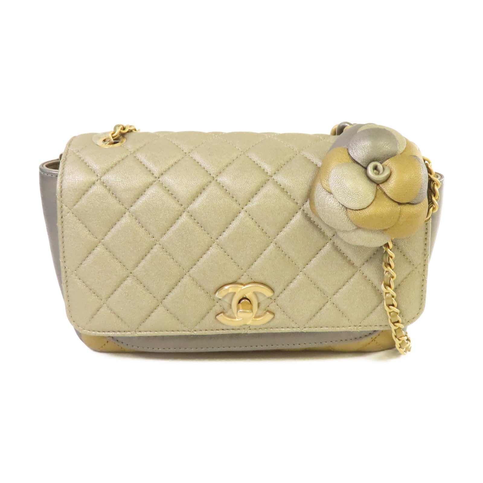 CHANEL 菱格牛皮皮革Camellia Flower Bag金扣鏈帶肩背袋灰色/金色