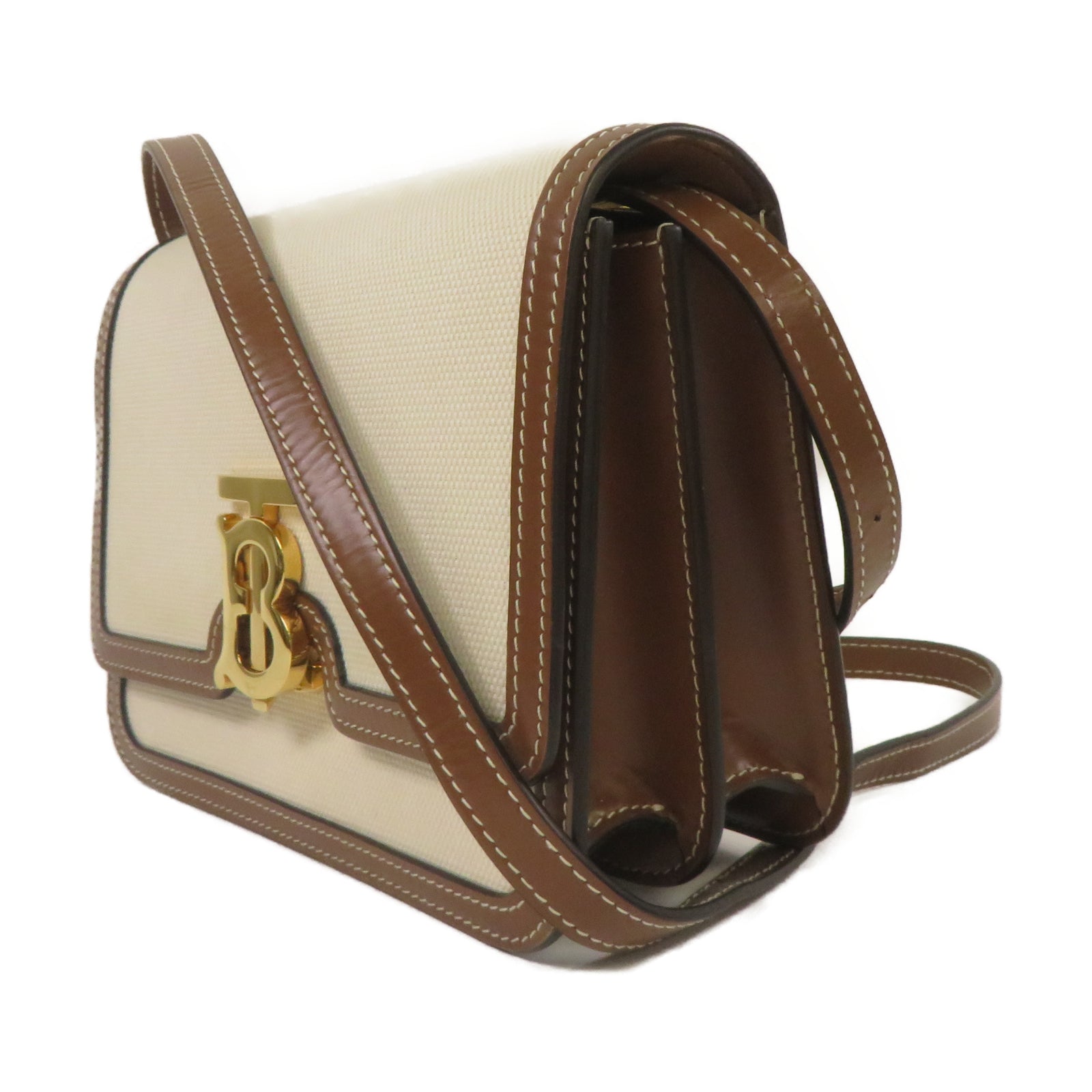 BURBERRY 帆布/皮革Shoulder Bag金扣肩背袋米色/啡色