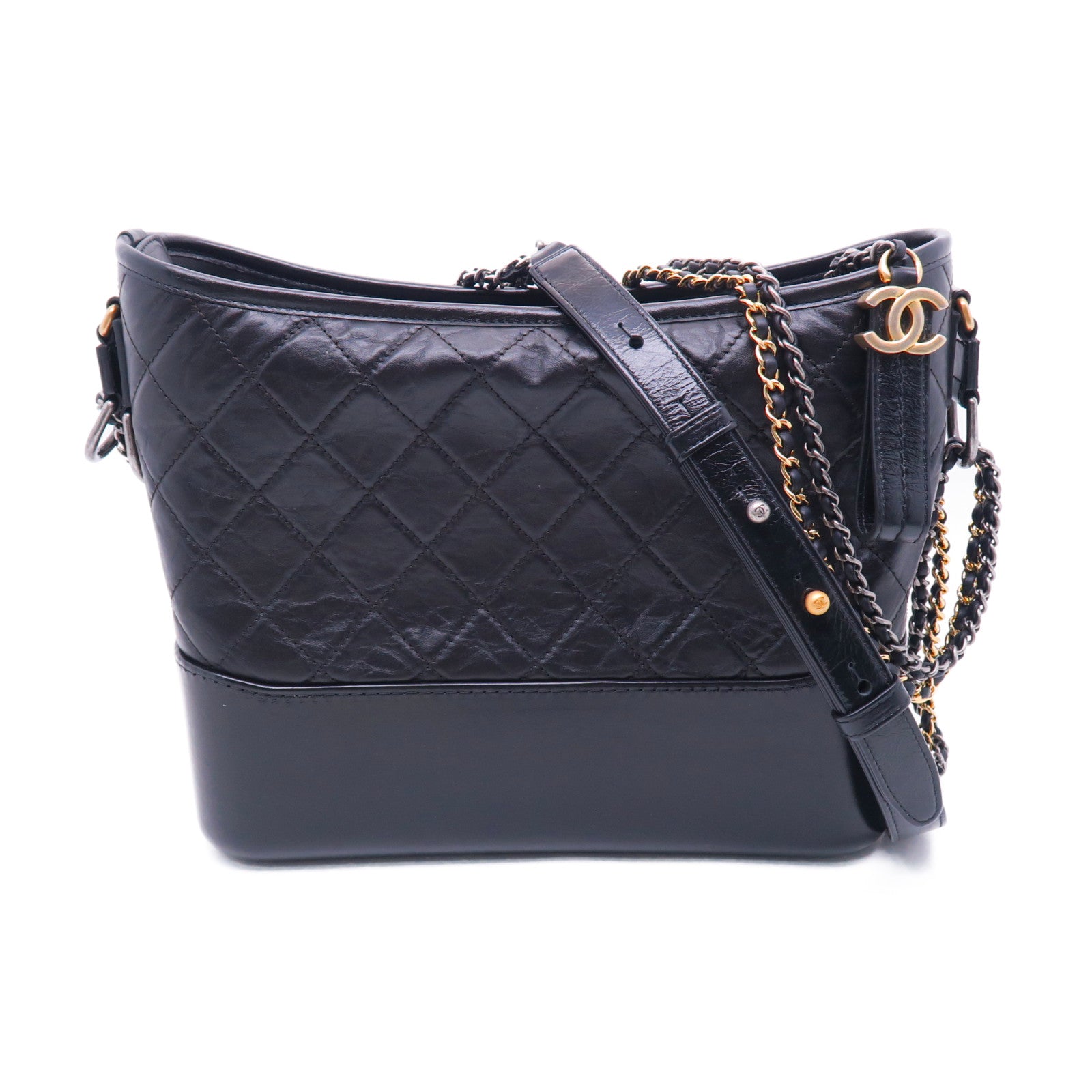 CHANEL 菱格牛皮皮革Gabreille Medium金银扣肩背袋黑色